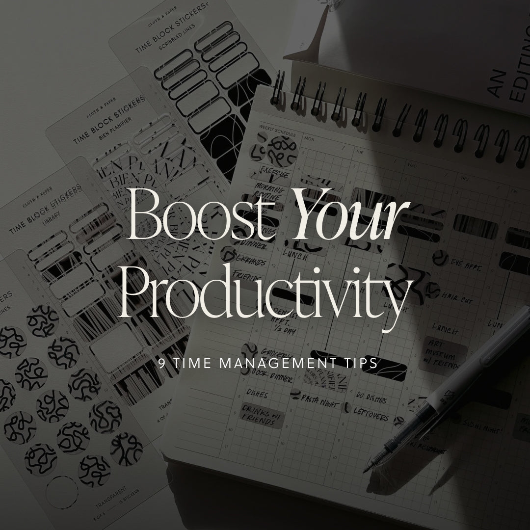 Stylish setup featuring the Time Block Notebook, Time Block Stickers, and a Gel Pen.