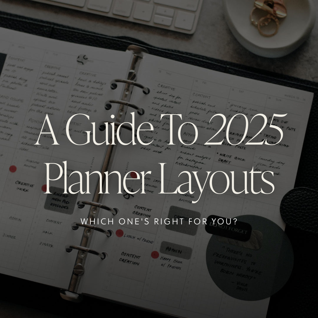 An open 6-ring planner with handwritten notes, featuring an overlay text that reads: 'A Guide to 2025 Planner Layouts: Which One’s Right for You?'