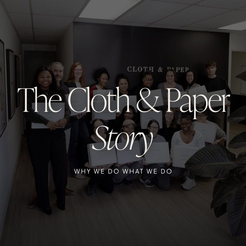 The Cloth & Paper team, featuring founder Ashley Reynolds alongside her husband and COO, Ryan Reynolds. The image includes a text overlay that reads: "The Cloth & Paper Story: Why We Do What We Do."