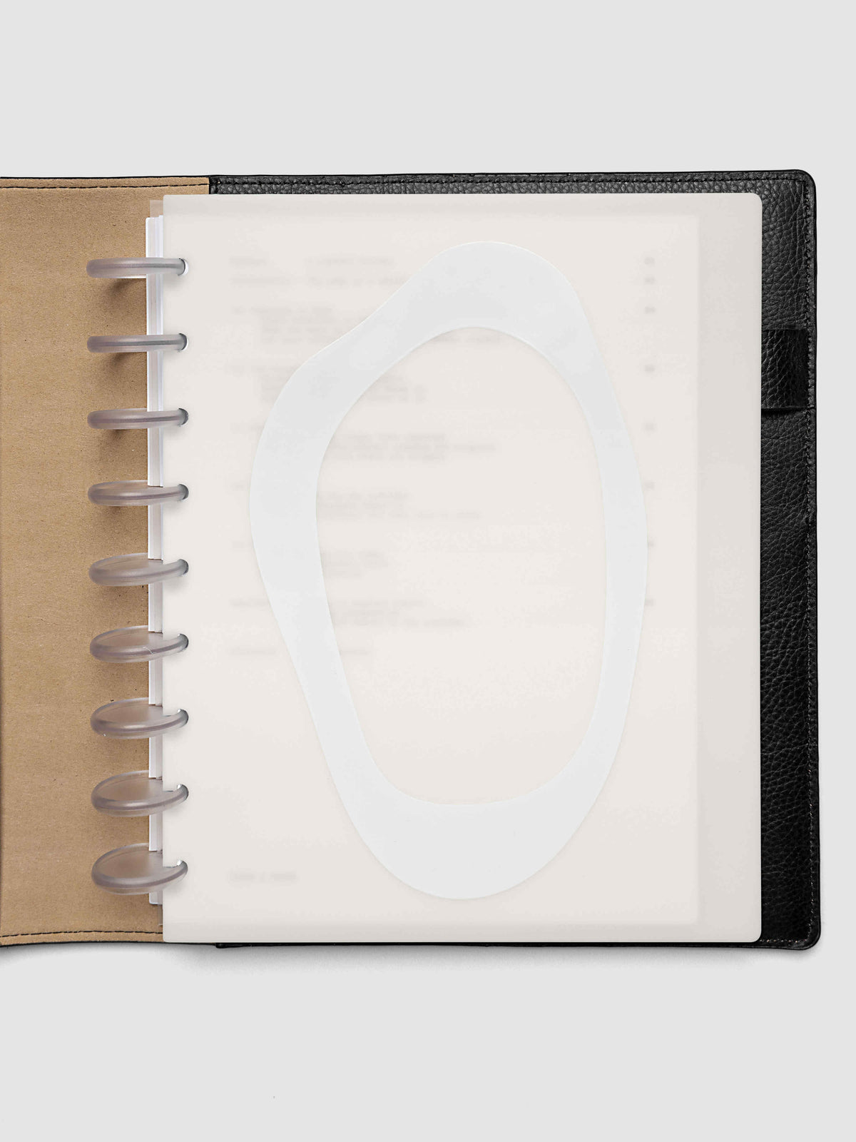 Continuation Planner Cover + Dashboard Set in HP Classic. Milky white frosted plastic cover with a spot gloss organic shape over a black-printed paper dashboard. Image 3 of 3.