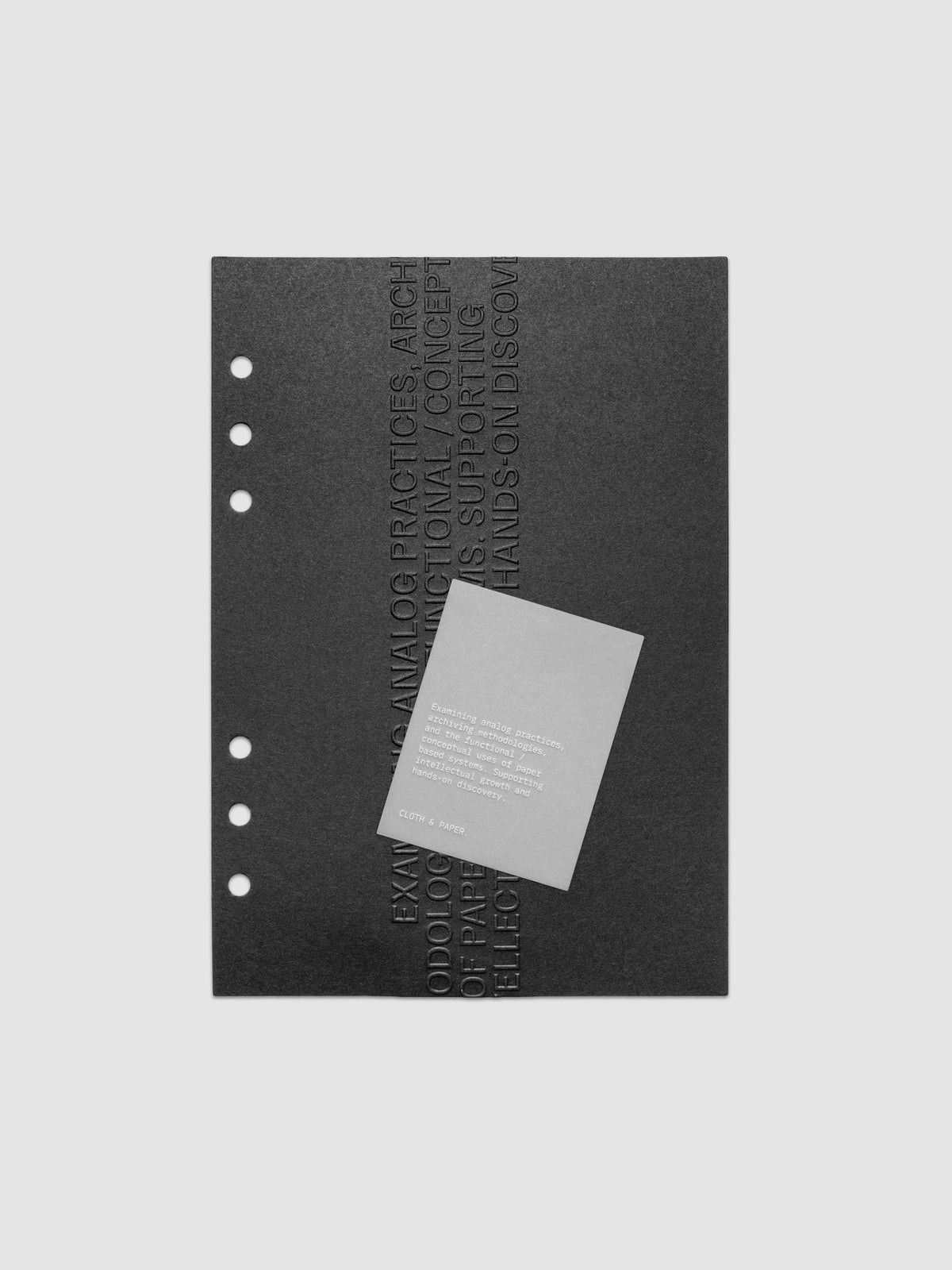 Black embossed Analog Embossed Planner Dashboard with drop card shown in size A5 6-Ring Punch.