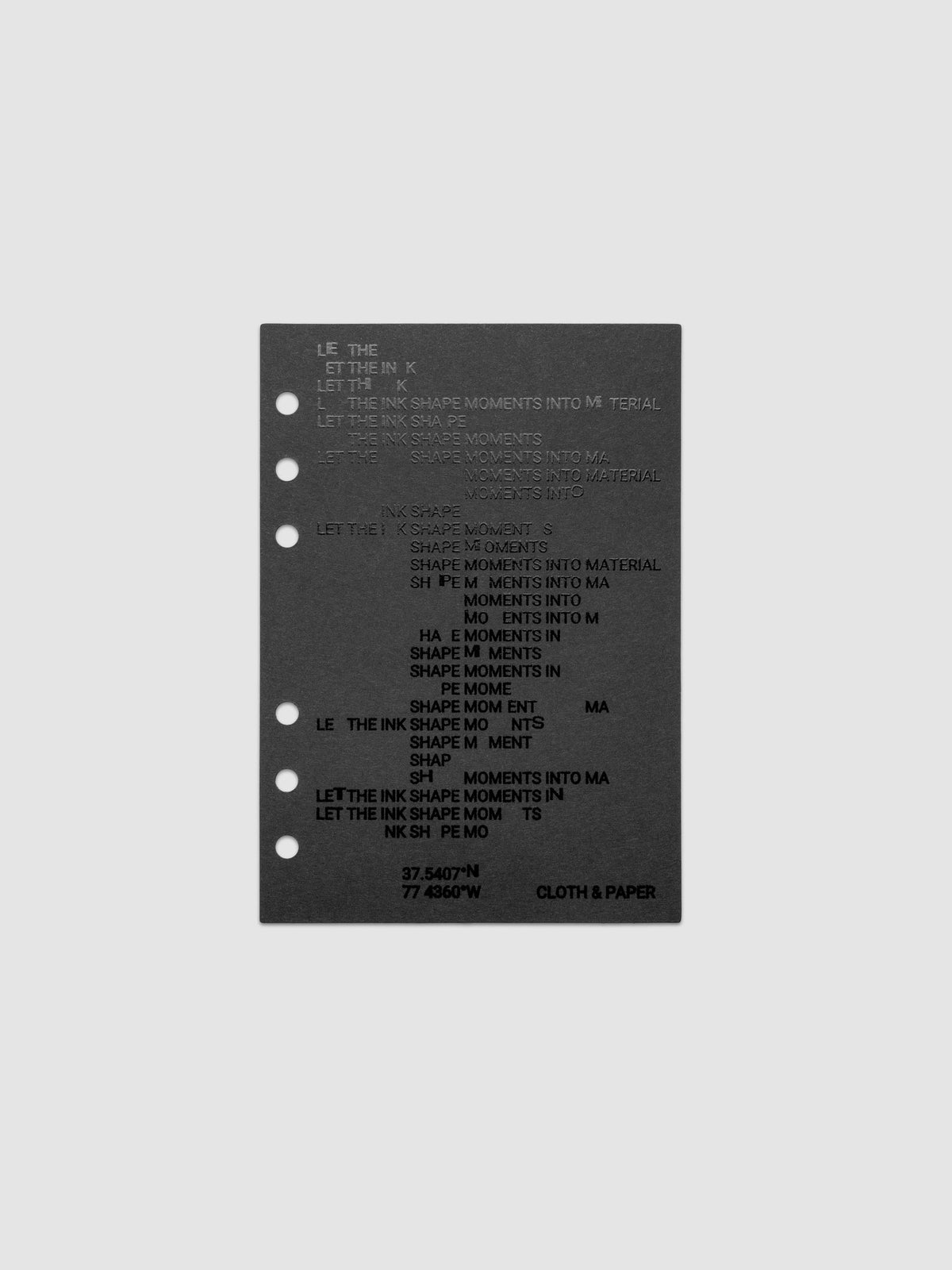 Black dashboard from the Ink Blot Planner Dashboard Duo on a neutral background in size Personal Wide, pre-punched for 6-ring planners.