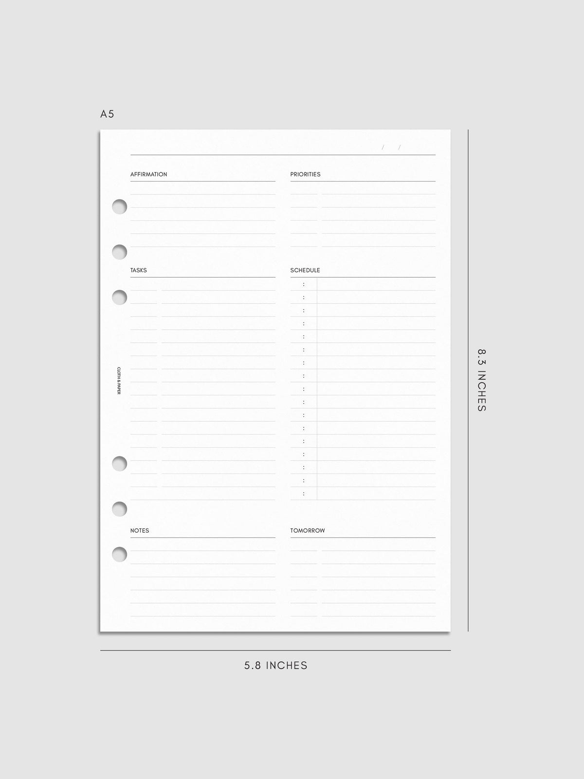 Daily Essentials Planner Inserts digital mockup in size A5, pre-punched for 6-ring binders. Includes headers for affirmations, priorities, tasks, schedule, notes, and tomorrow.