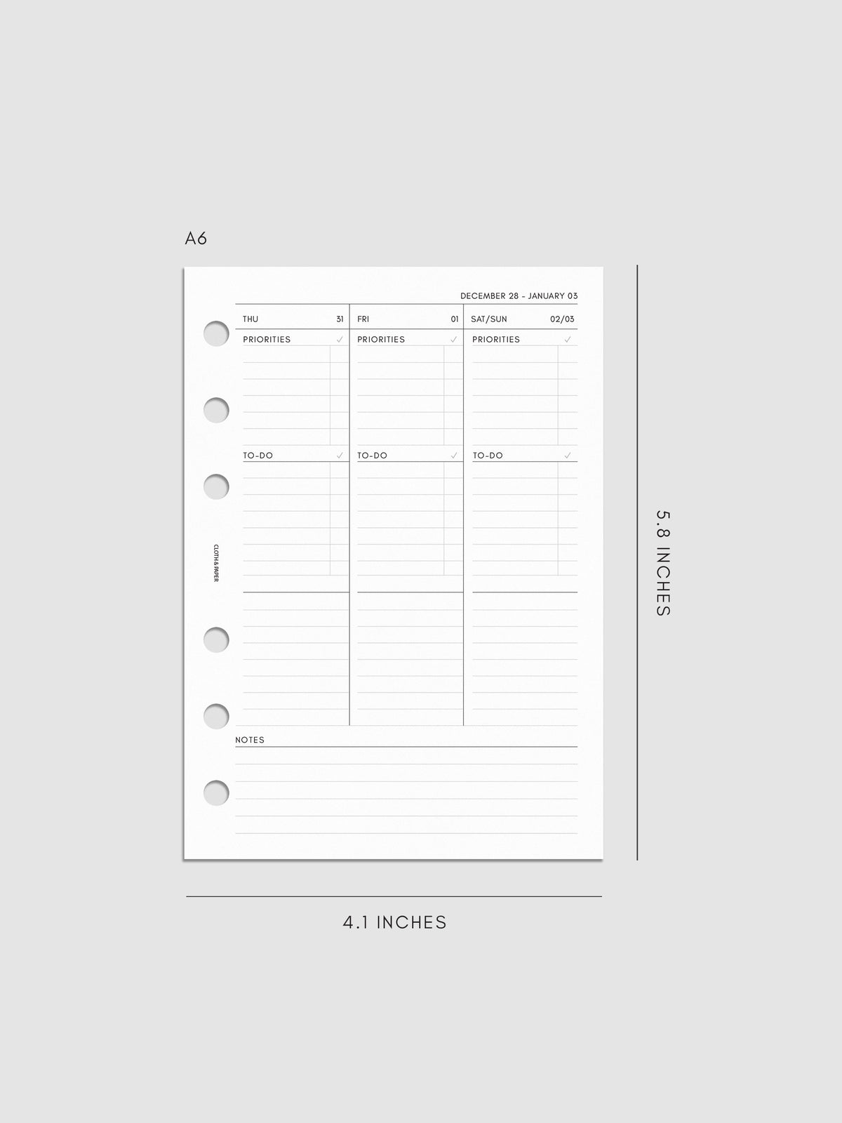 2027 Dated Weekly Task Planner Inserts, Monday Start, A6 6-Ring Punch, right page of weekly spread showing vertical columns for Thursday and Friday alongside a combined Saturday and Sunday column, with labeled priorities, to-do, and open notes sections, and weekly notes section along the bottom
