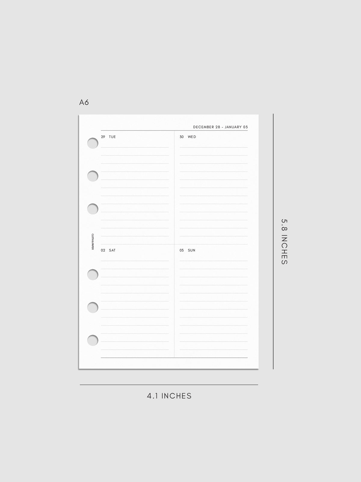 2027 Dated Weekly Vertical Planner Inserts, Monday Start, A6 6-Ring Punch, right page of weekly spread showing a two-column two-row daily grid with lined sections throughout