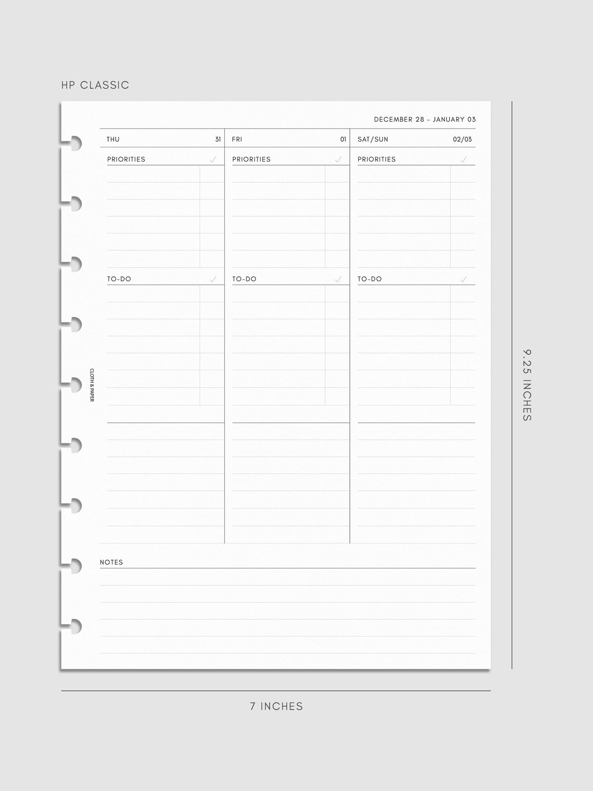 2027 Dated Weekly Task Planner Inserts, Monday Start, HP Classic 9-Disc Punch, right page of weekly spread showing vertical columns for Thursday and Friday alongside a combined Saturday and Sunday column, with labeled priorities, to-do, and open notes sections, and weekly notes section along the bottom
