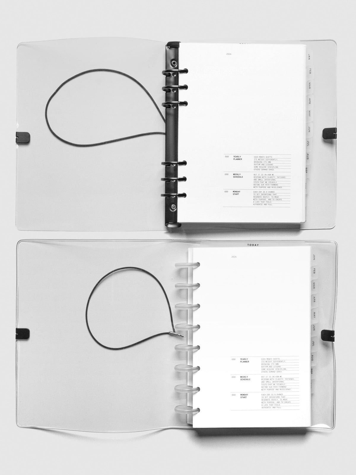 Side-by-side view of the planner bundle in both A5 6-ring and Half Letter 8-disc formats, laid open with clear covers and elastic closures. Both display the 2026 intro page with consistent formatting across sizes.
