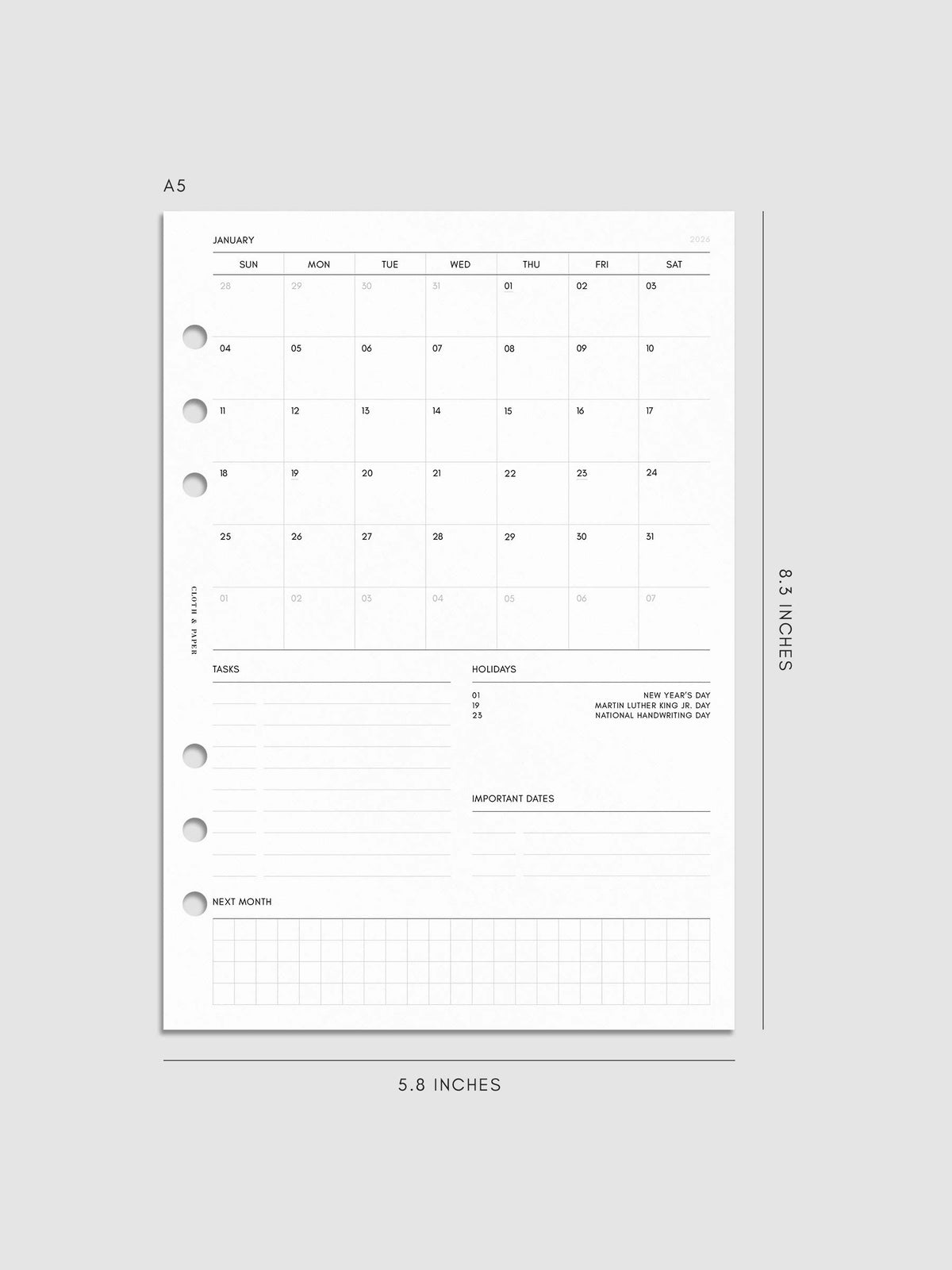 Digital mock-up of the monthly spread in A5.