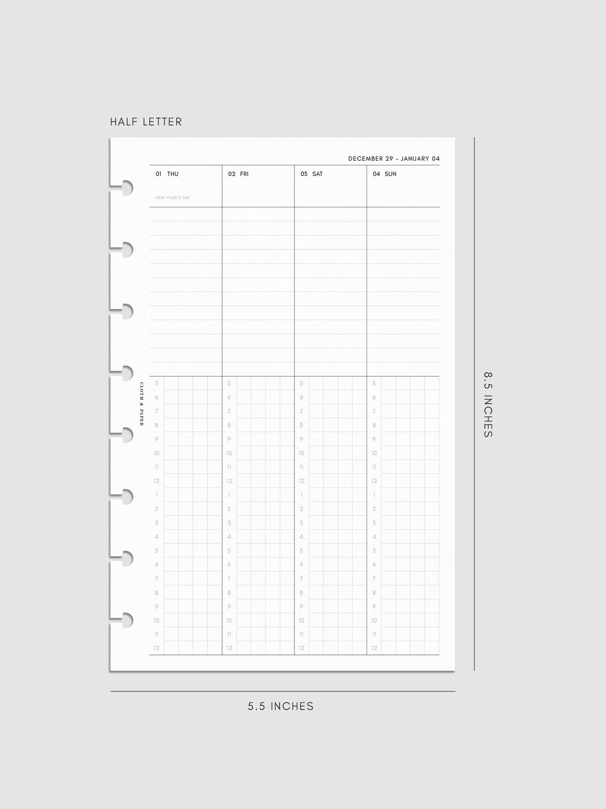 Digital mock-up of the weekly spread in Half Letter.