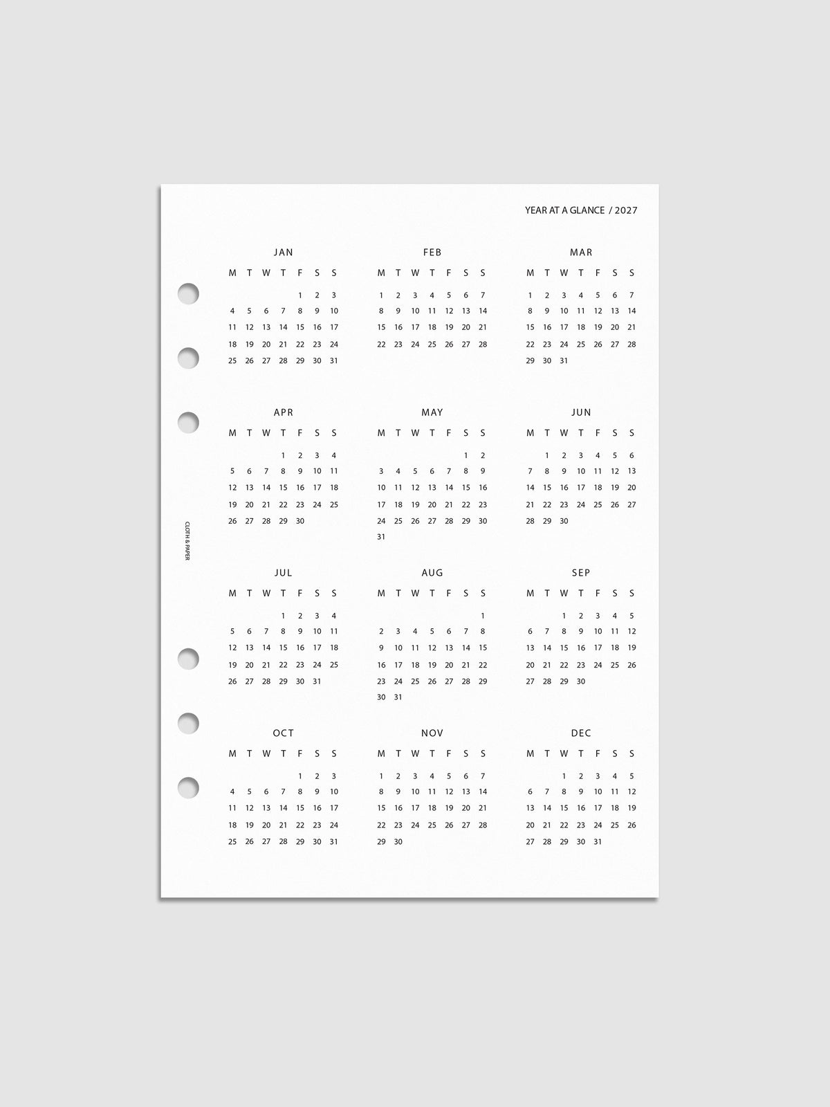 2027 Year At A Glance Dashboard Monday Start, A5 6-Ring Punch, translucent vellum dashboard printed with a full year calendar in Monday-start format