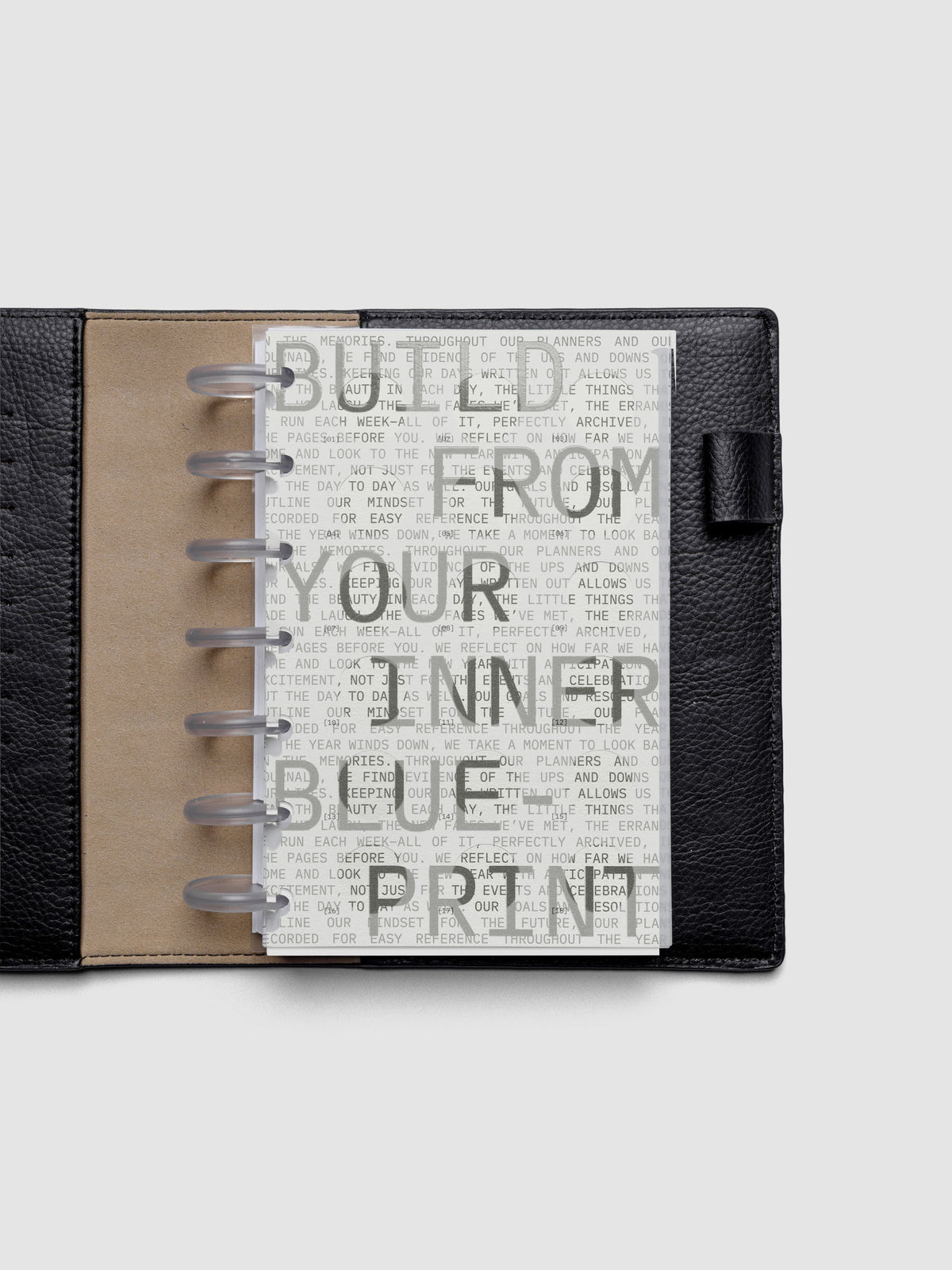 Inner Blueprint Dashboard Duo shown ring bound in a black leather folio in size HP Mini.