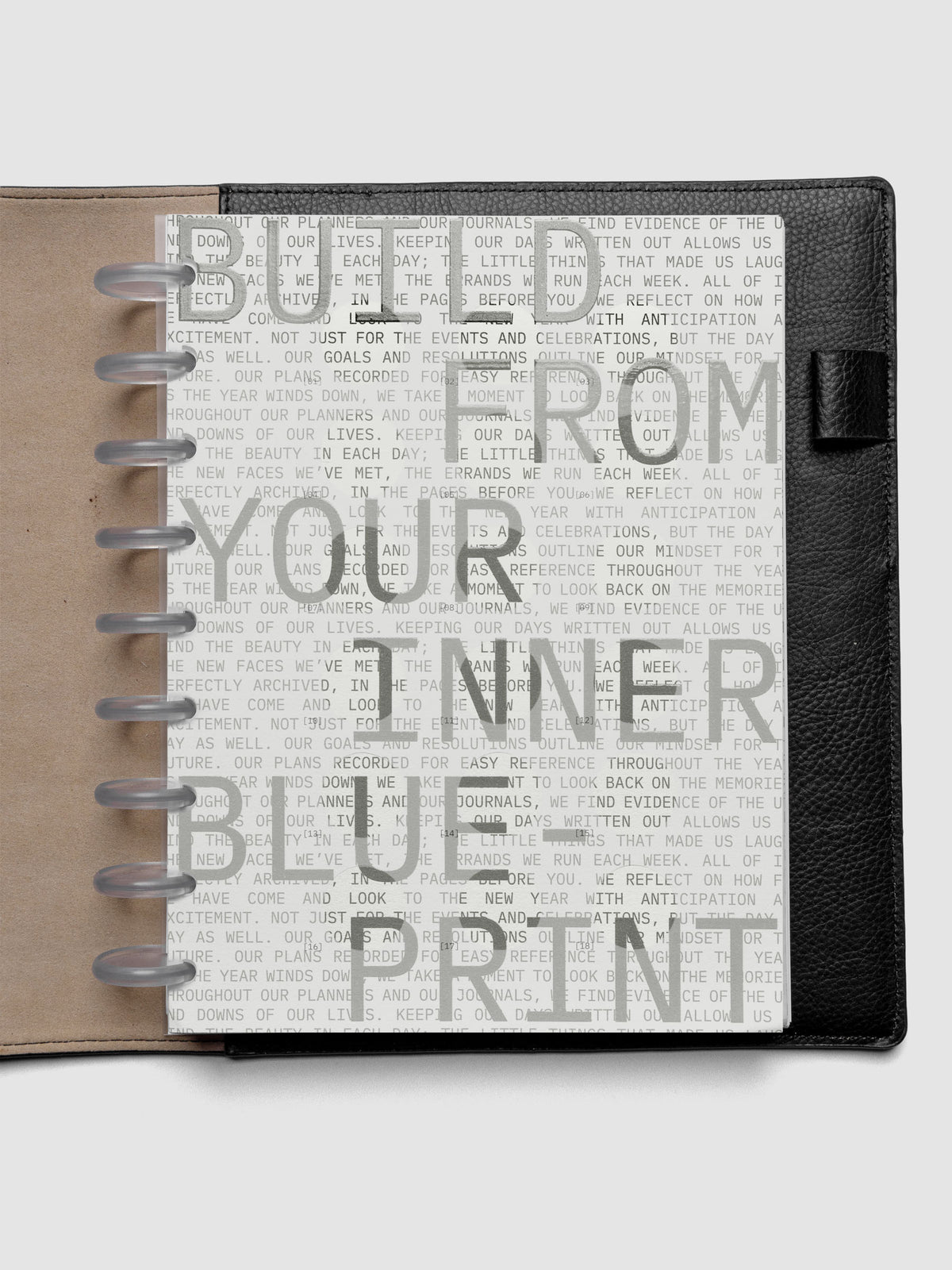 Inner Blueprint Dashboard Duo shown ring bound in a black leather folio in size HP Classic.