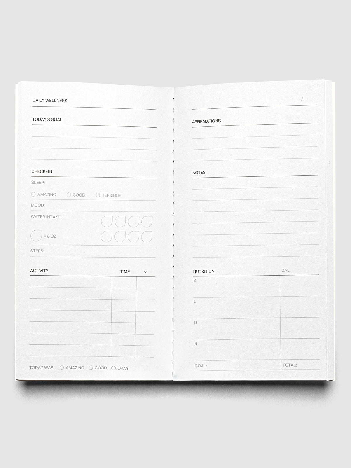 Interior of Travel Notebook in size Pocket Plus in color Smoked Salt (blue) with Daily Wellness pages.