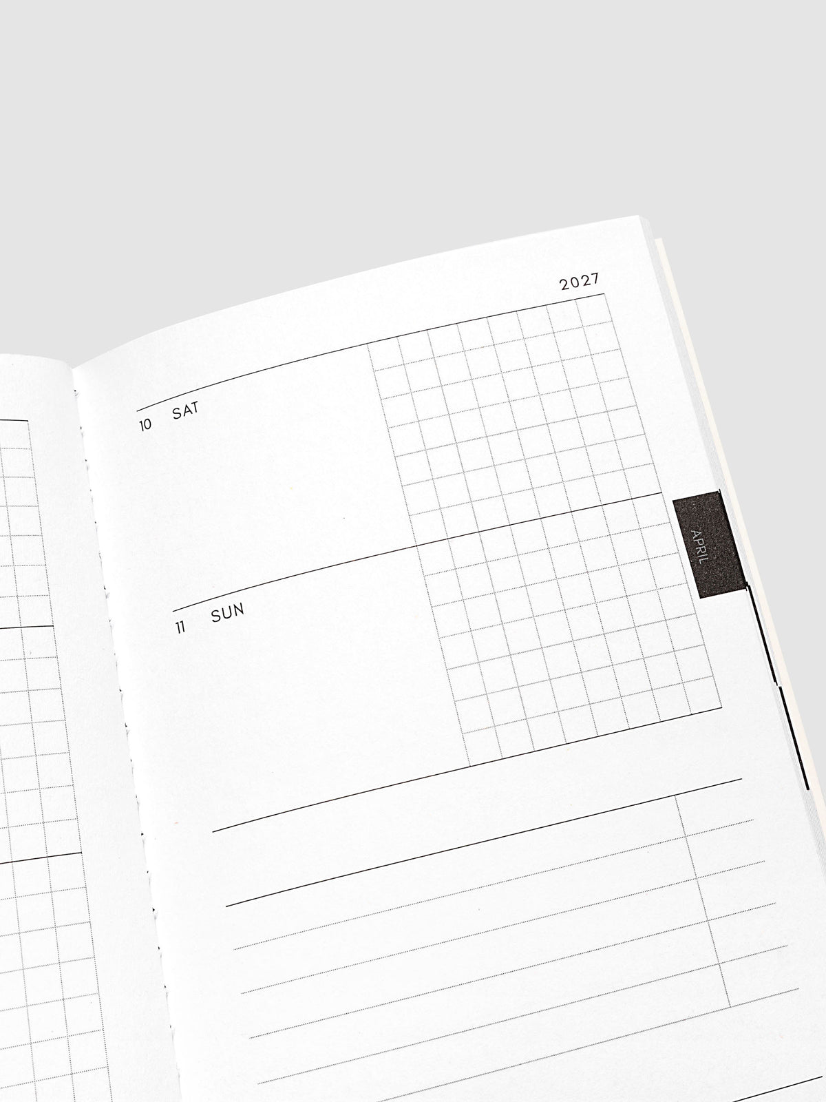 Close-up of the top of the right page of the Jan–Jun 2027 Dated Travel Notebook, showing the weekend dates and task section