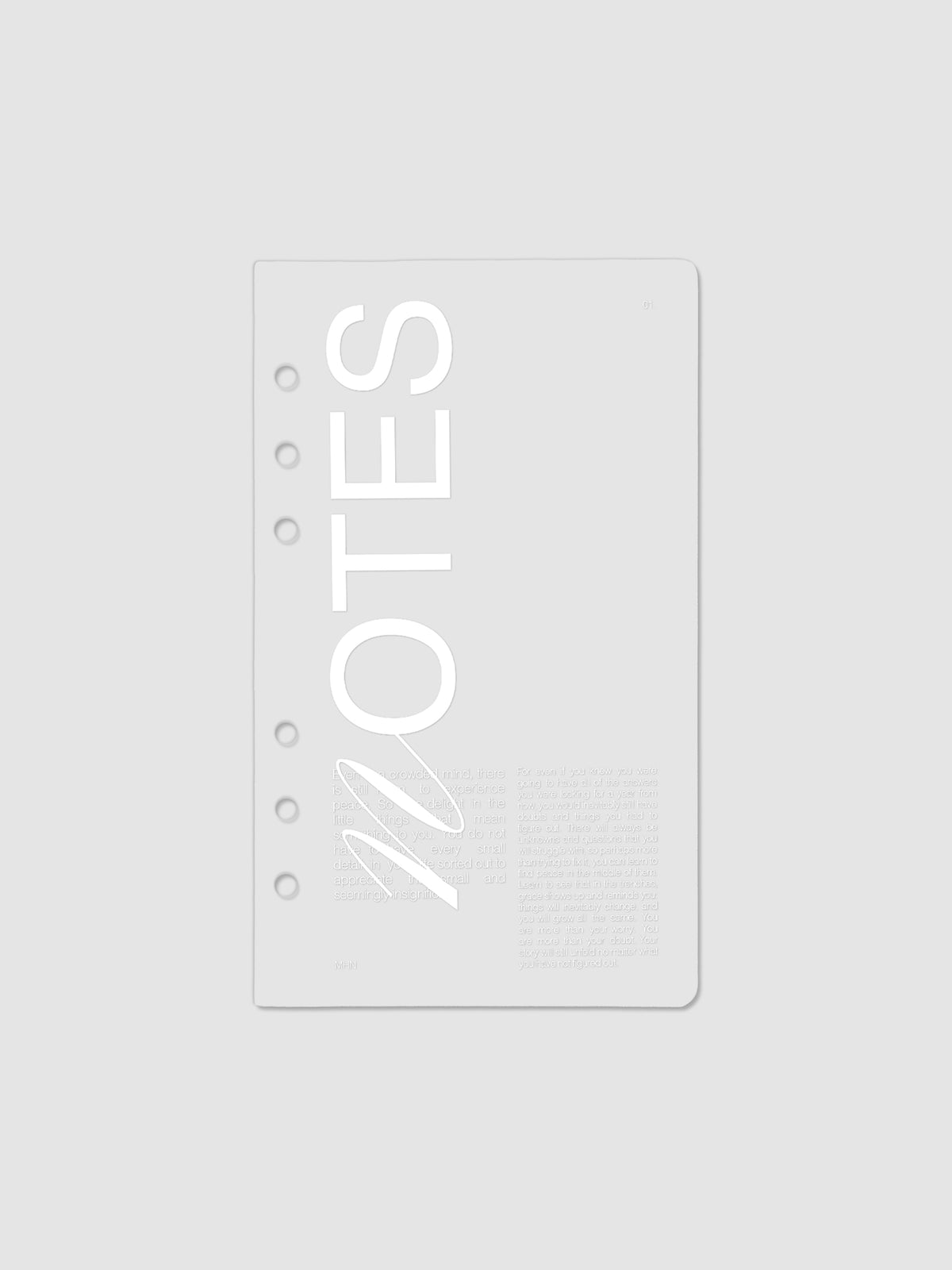 Clear plastic planner cover with white printed text shown pre-punched for Personal 6-ring planners.