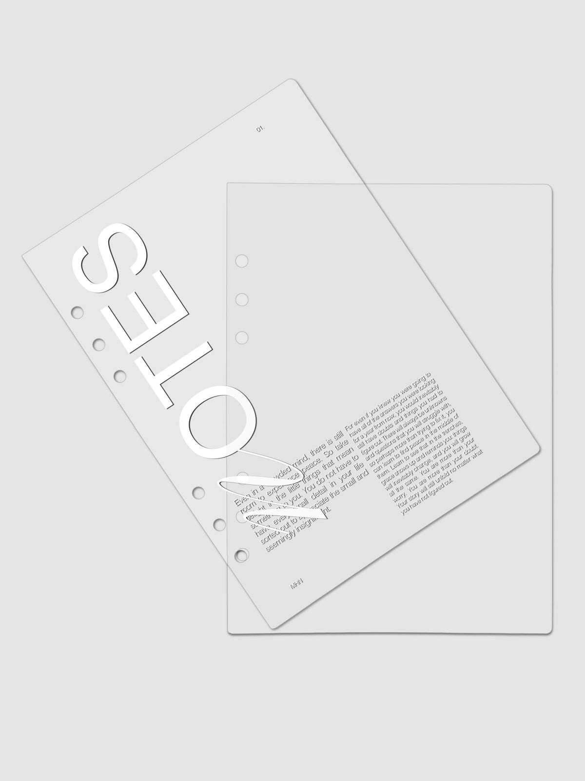 Clear plastic planner cover with white printed text shown pre-punched for A5 6-ring planners.