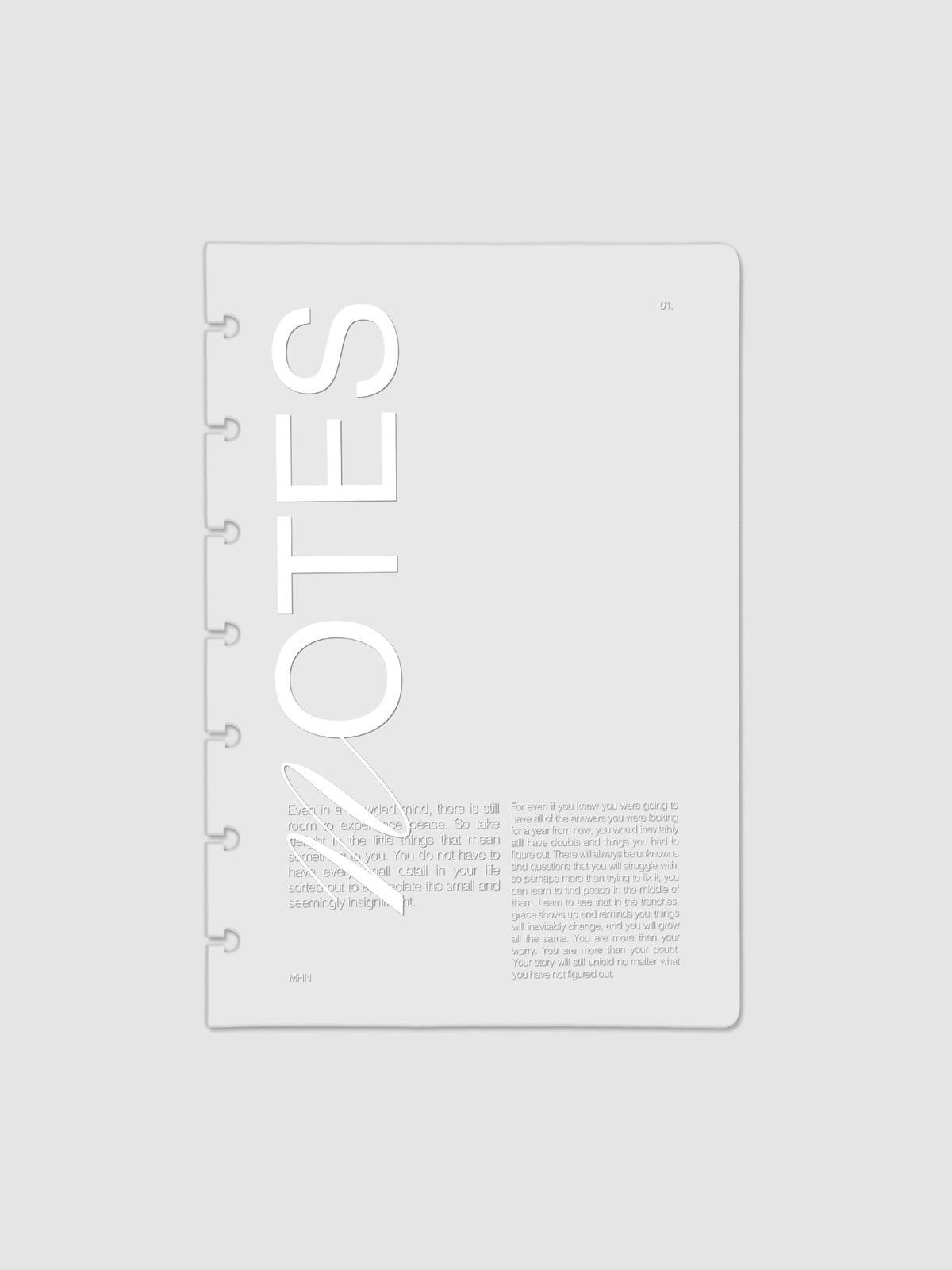 Clear plastic planner cover with white printed text shown pre-punched for HP Mini discbound planners.