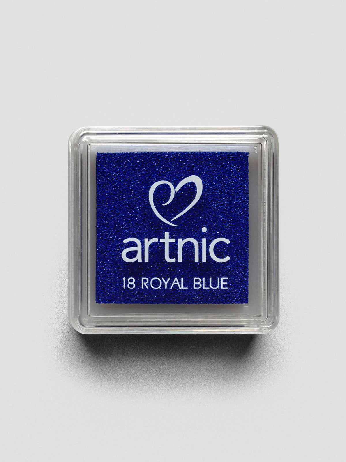 Square blue Artnic ink pad with clear lid labeled “18 Royal Blue,” viewed from above.