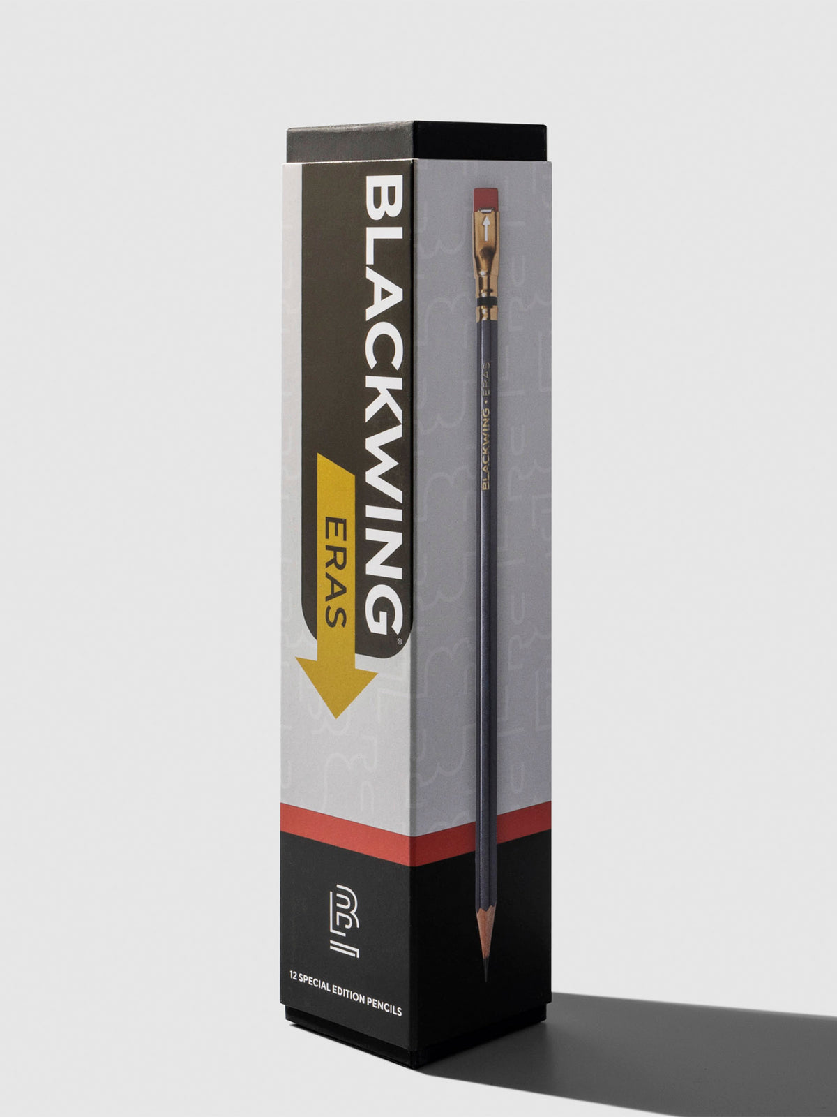 Pencil packaging displayed on a neutral background. It showcases an arrow shape and a photo of the pencil is on the side of the box.