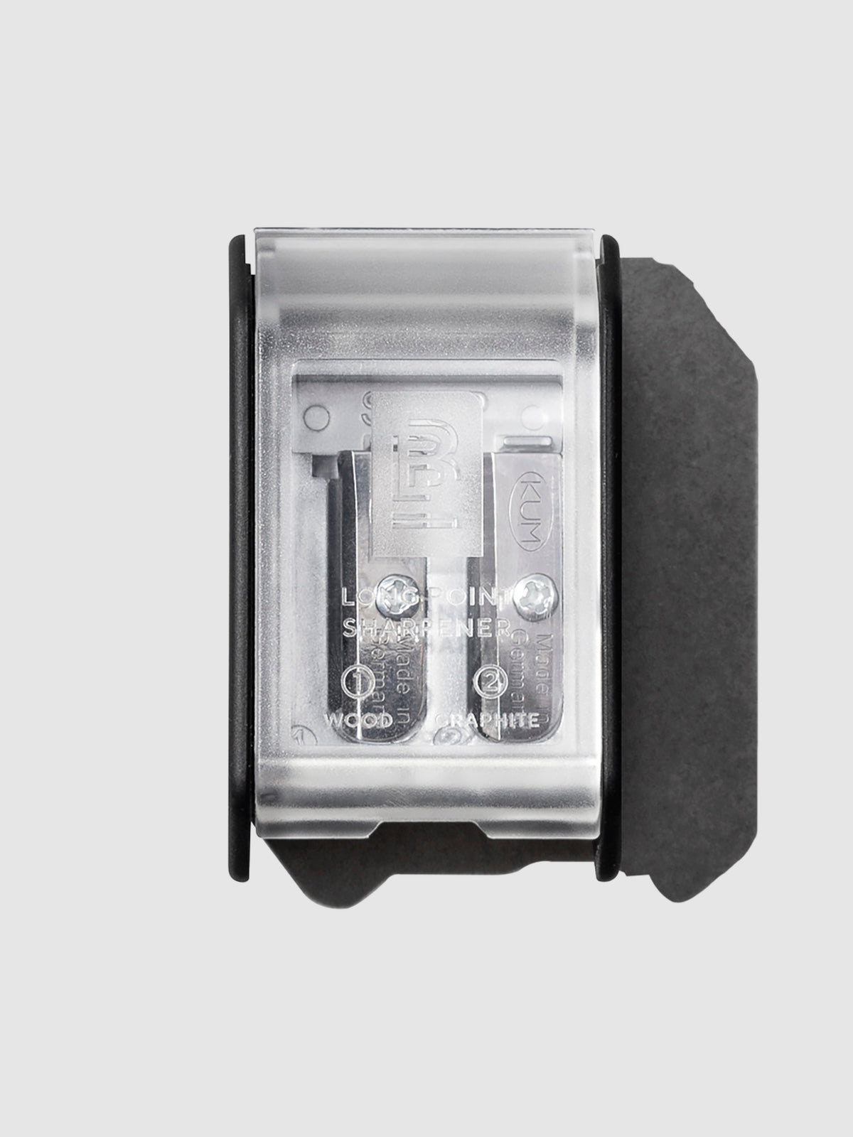 The image shows the blackwing long point pencil sharpener with the frosted cover closed on top.