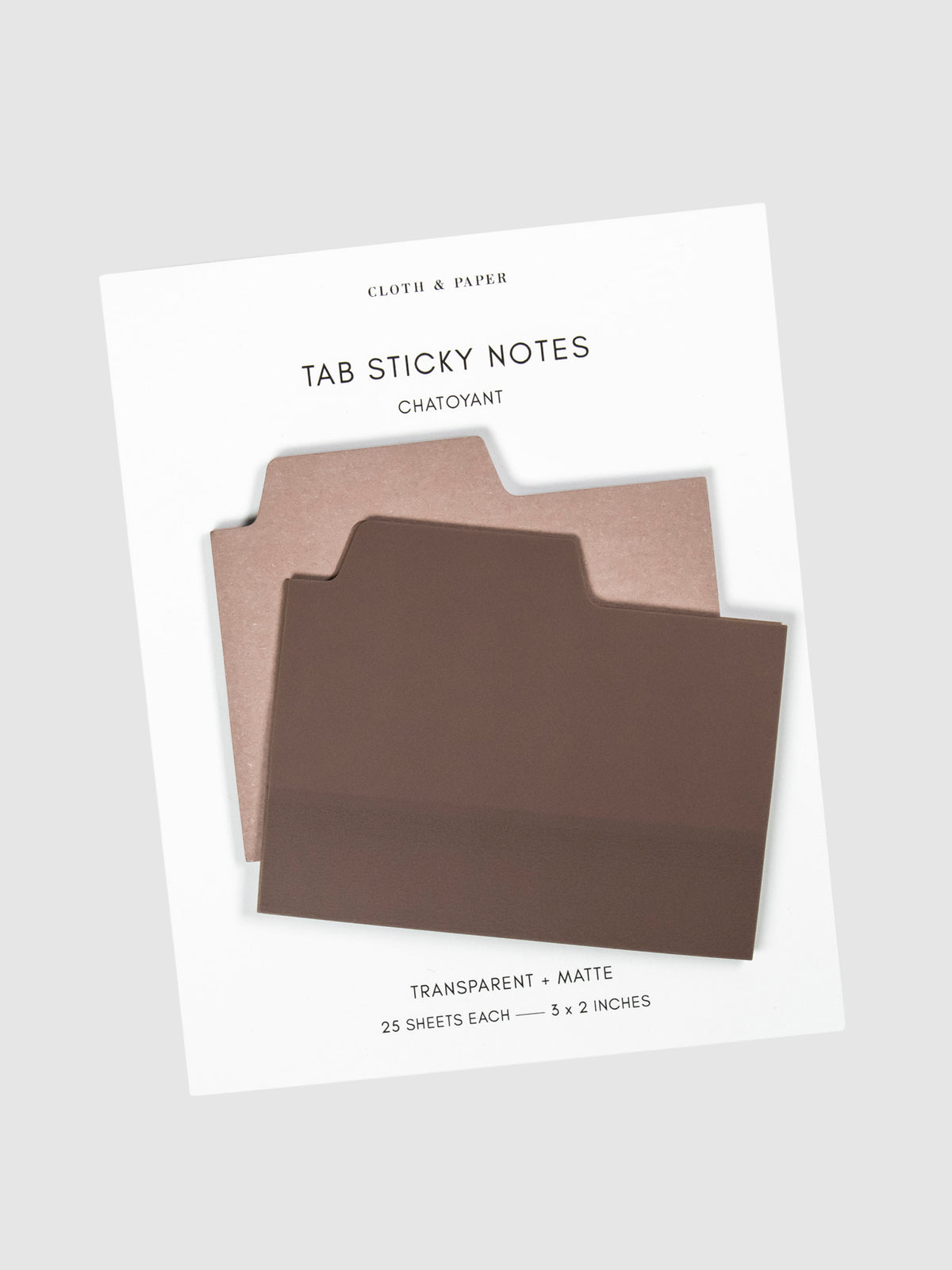 Blank Tab Sticky Note Set, Chatoyant, Cloth and Paper. Sticky note set displayed against a neutral background. The matte sticky note pad is attached to the sticky note backing, while the transparent sticky note pad is layered on top of it, turned slightly to the right.