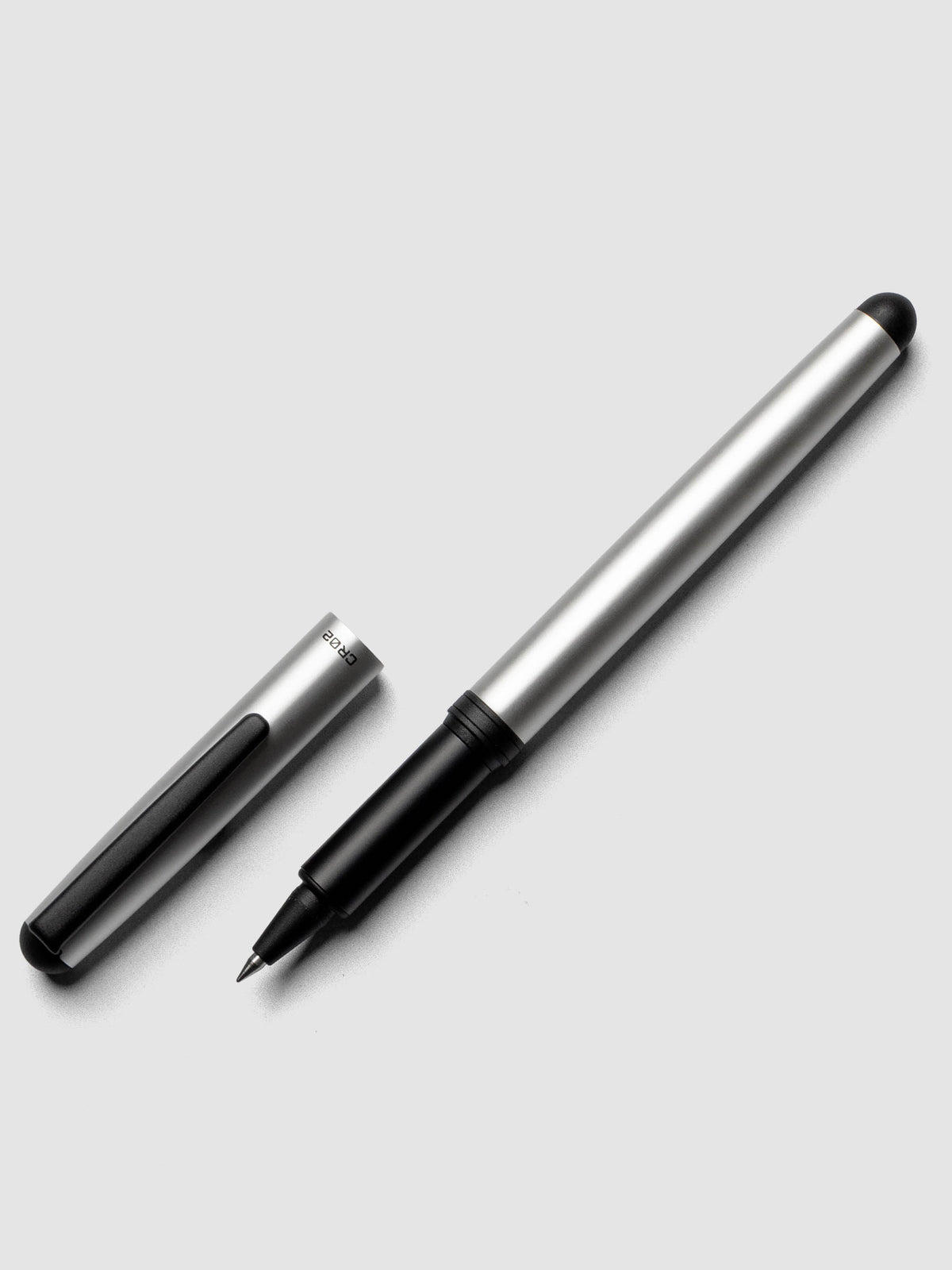 OHTO CR02 Ceramic Rollerball Pen | 0.5 mm shown in matte silver with cap off.