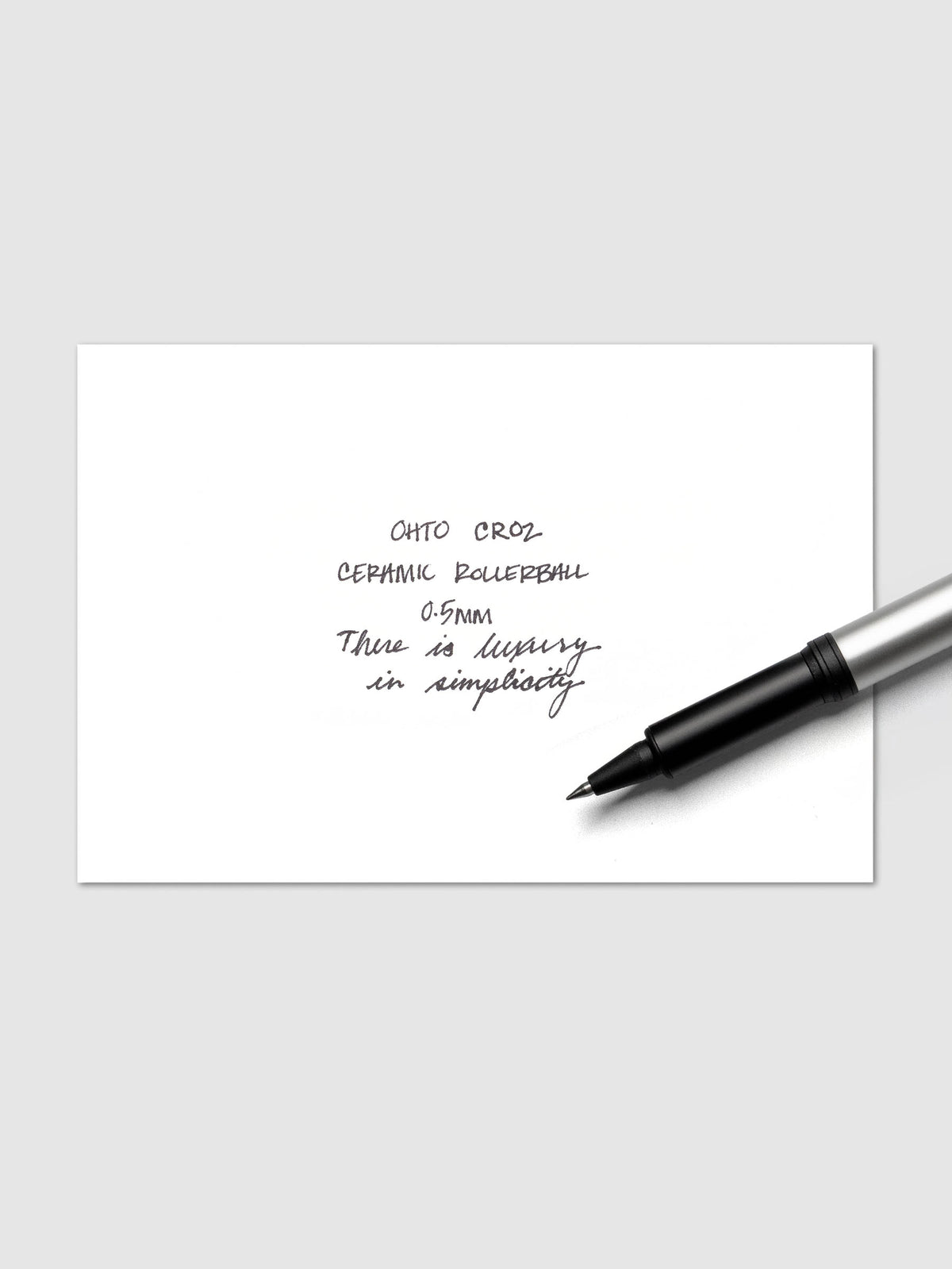 OHTO CR02 Ceramic Rollerball Pen | 0.5 mm writing sample with matte silver.