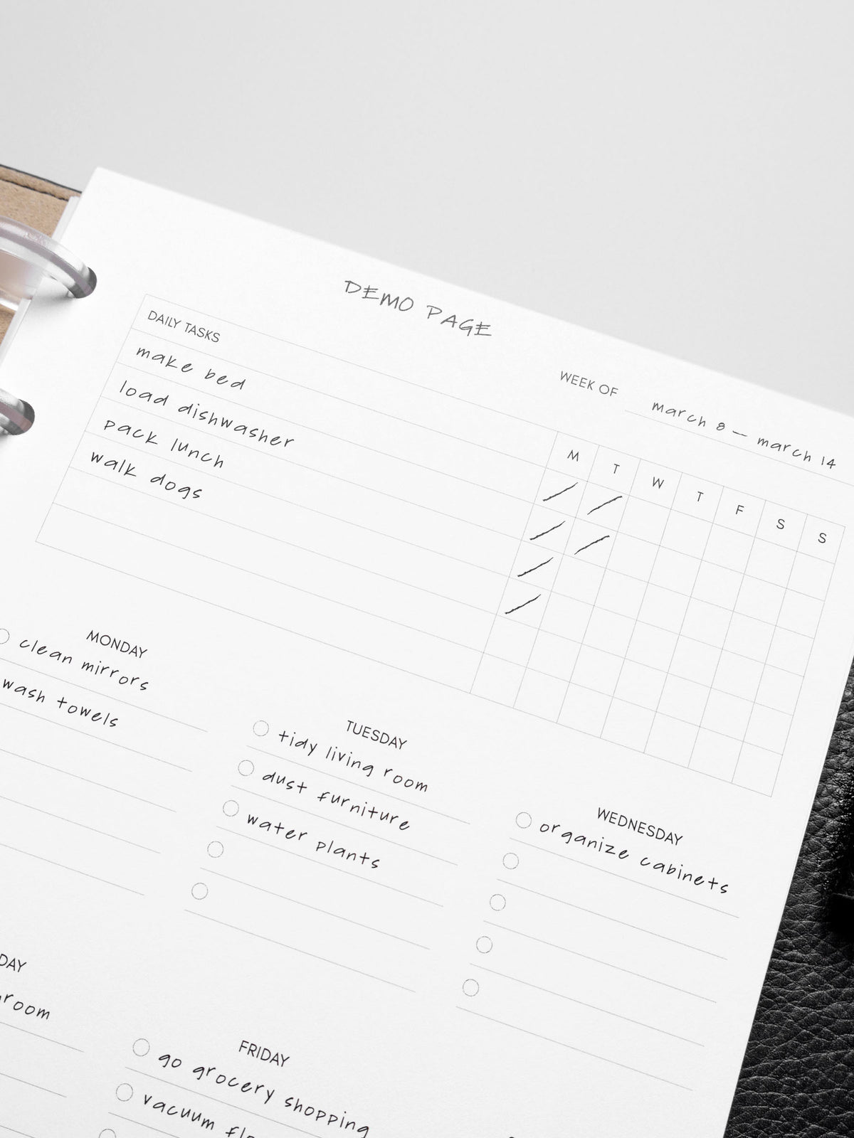 Insert in use inside a black leather planner.
