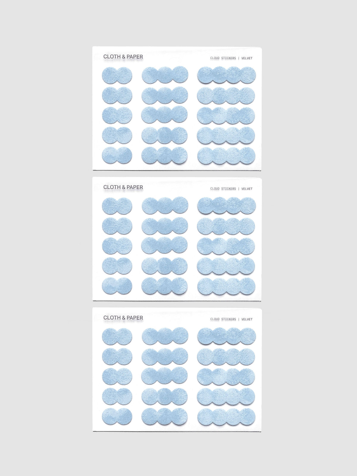Three sheets of Cloud Stickers | Velvet showing all 45 stickers.