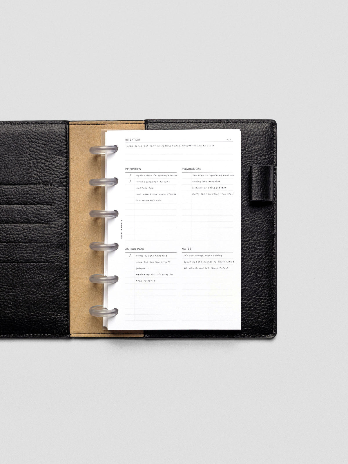 Daily Intention Planner Inserts show filled out in CP Petite size disc bound in a leather folio.