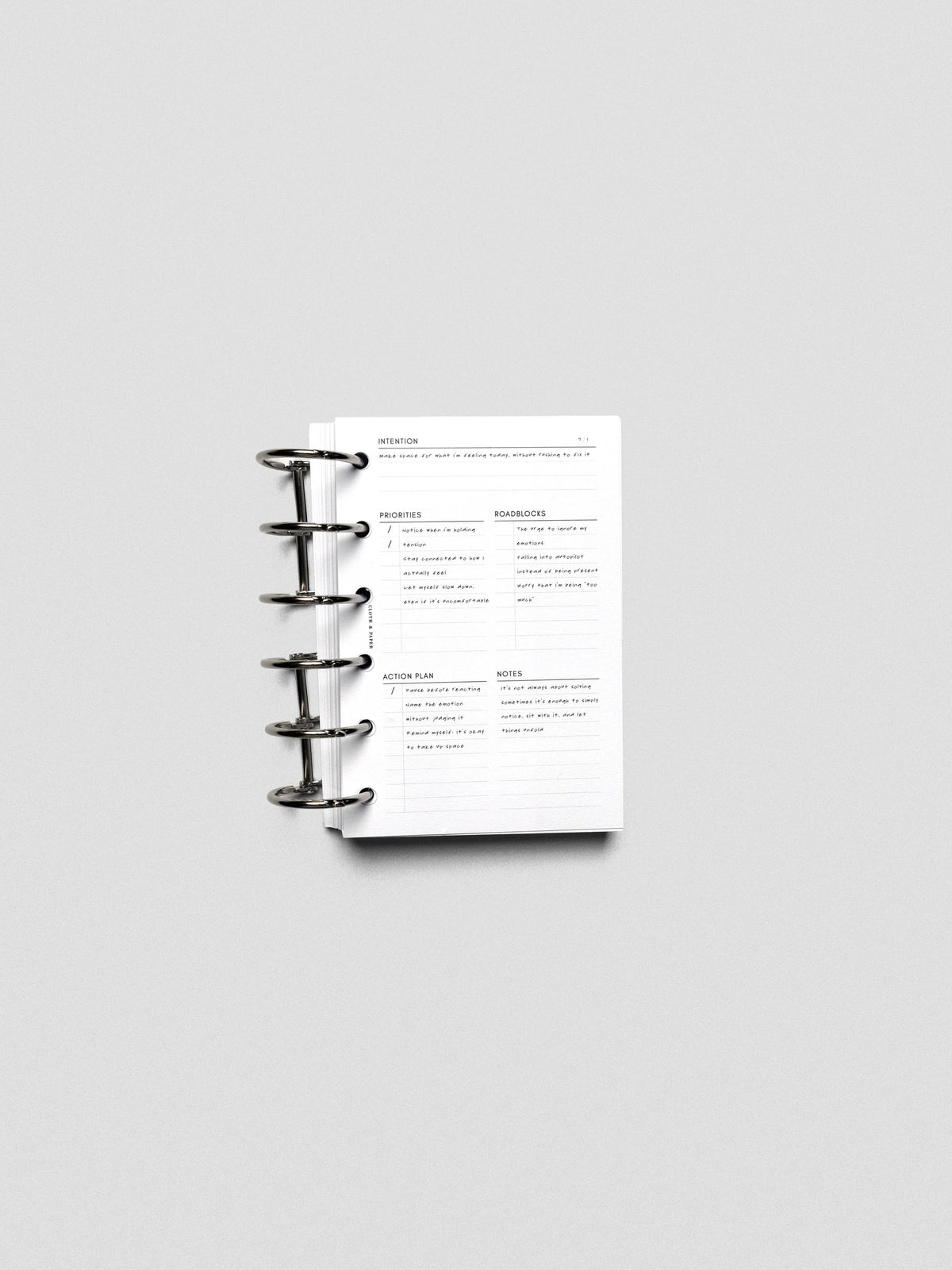 Daily Intention Planner Inserts show filled out in Pocket size ring bound.