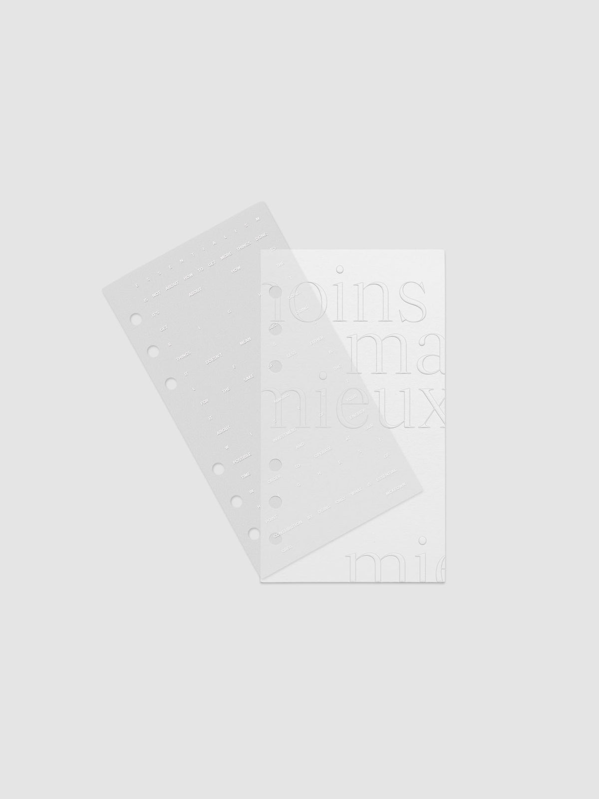 Essentialism Dashboard Duo reading "moins mai mieux" in size Personal; layers shown offset.
