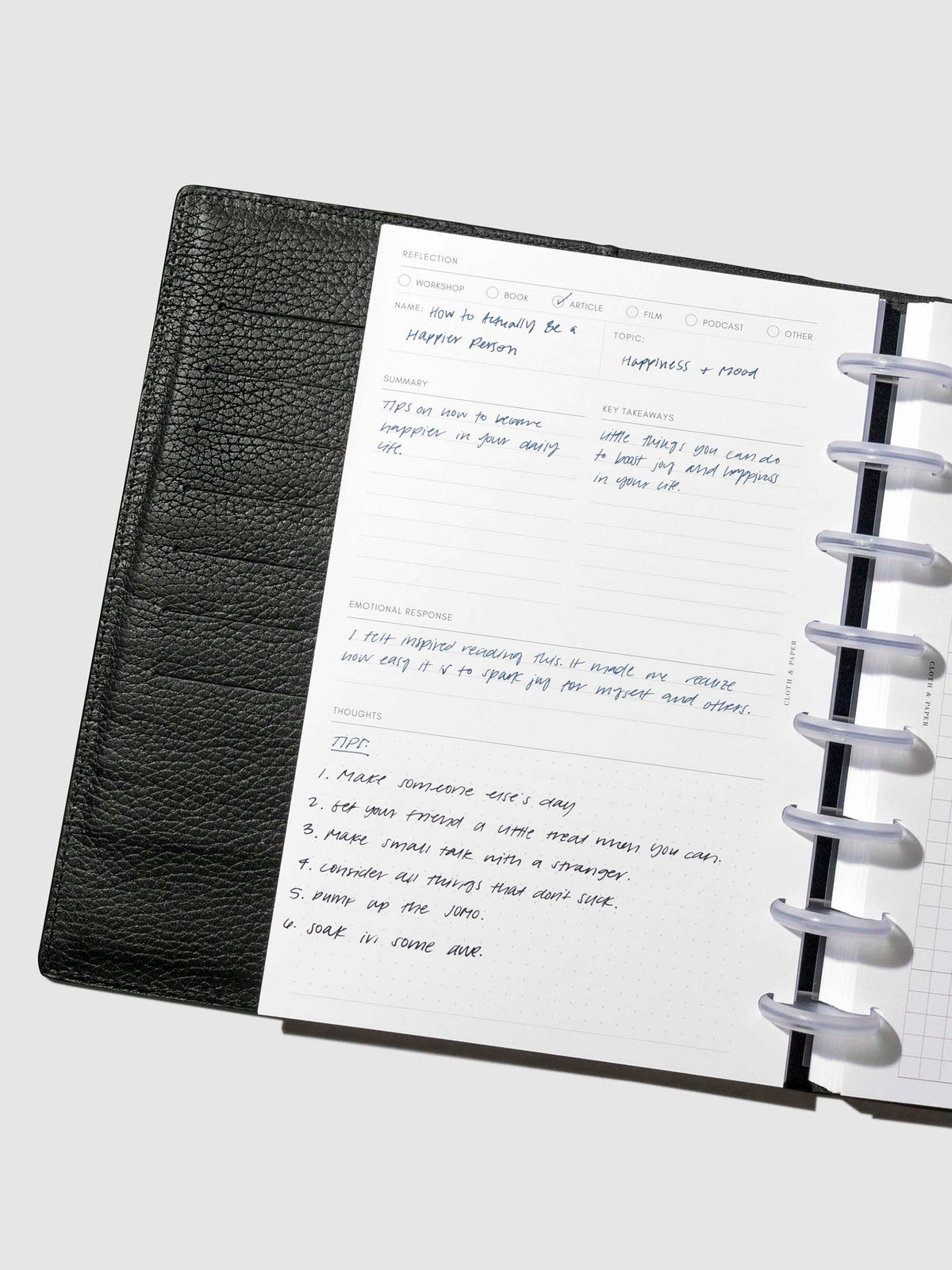 Insert in use inside a discbound planner system. Size shown is Half Letter.
