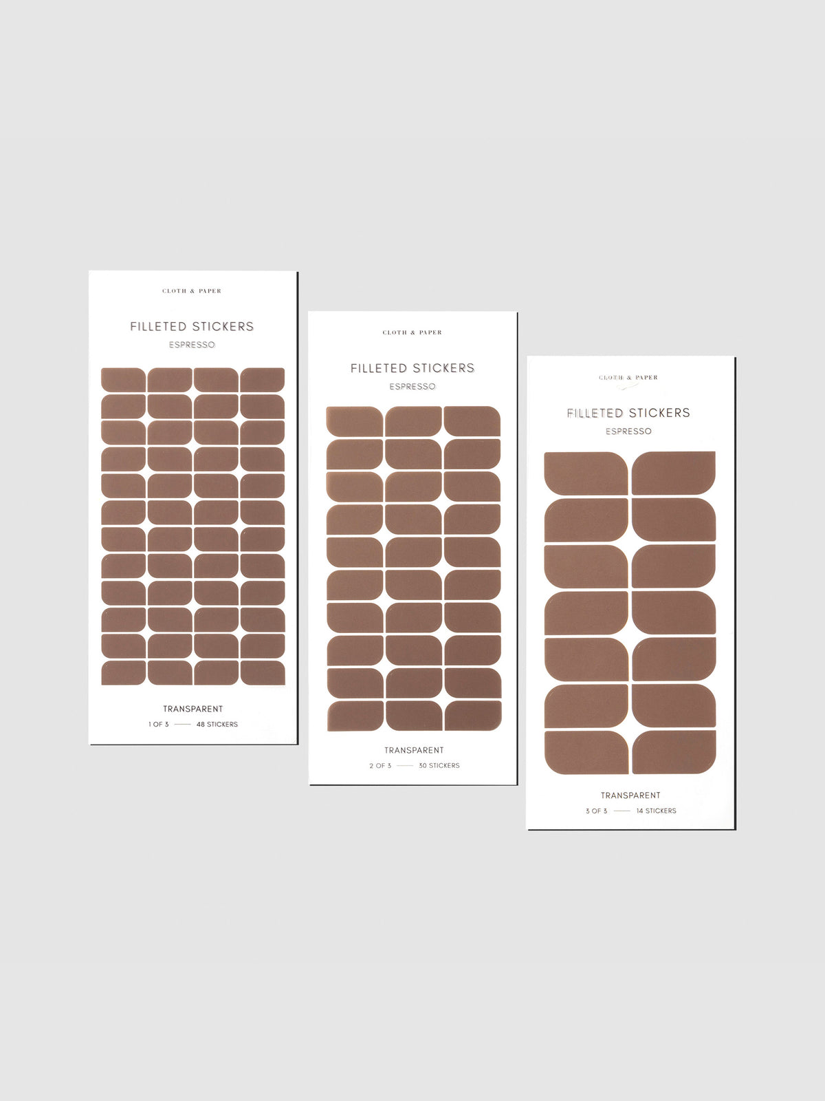 Filleted Sticker Set, Espresso, Cloth and Paper. Set of 3 sticker sheets displayed on a neutral background. Color shown is Espresso.
