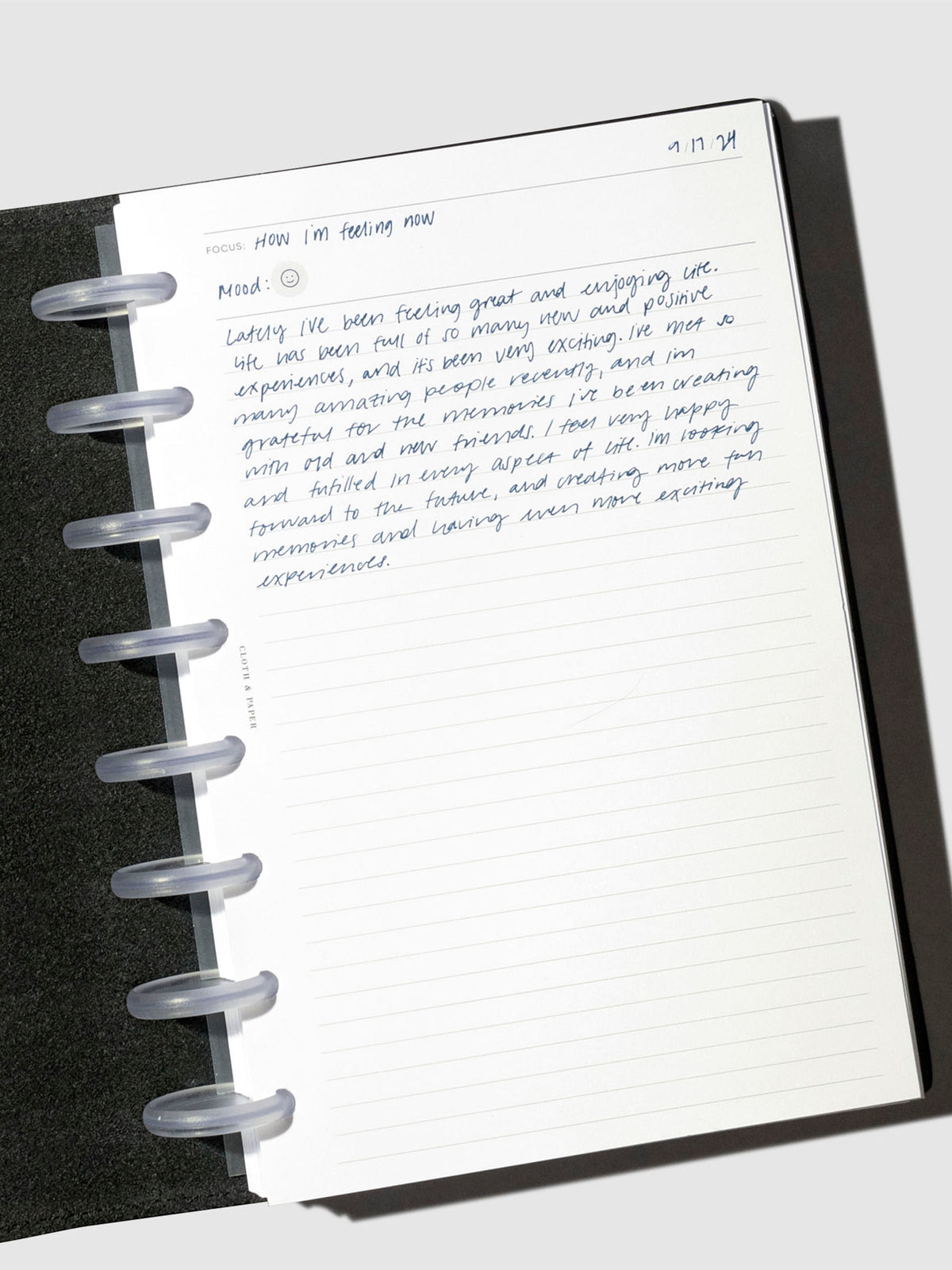 Insert in use inside a discbound planner system. Size shown is Half Letter.