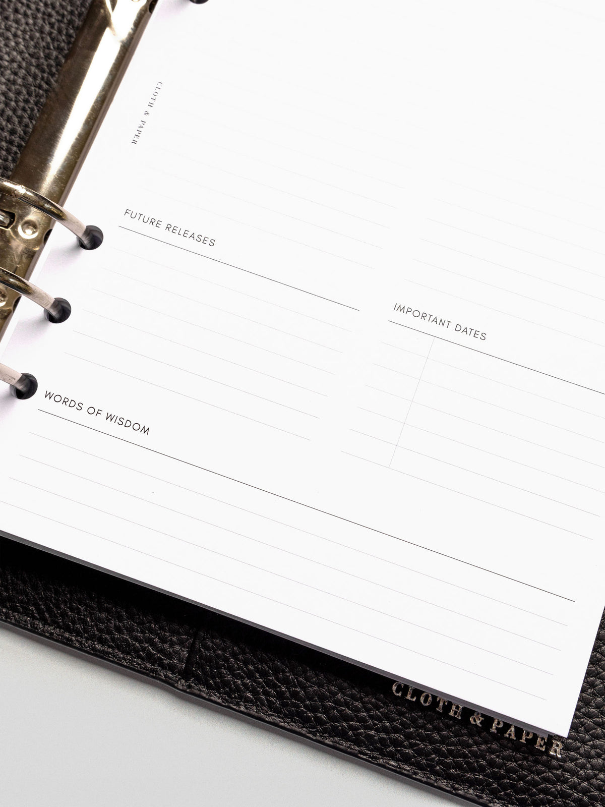 Close-up of the lower half of a blank Happy Hour Notes Insert showing sections for future releases, important dates, and words of wisdom.