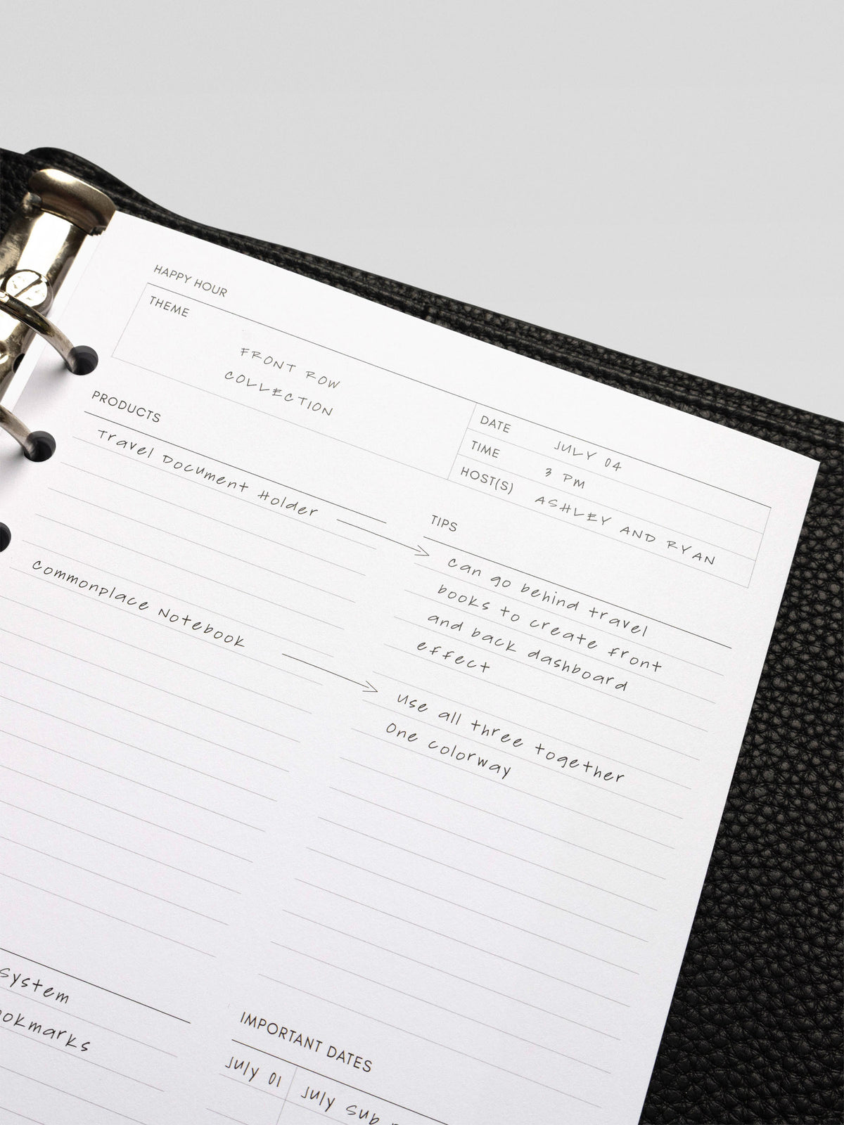 Filled-in Happy Hour Notes Insert with handwritten notes about products, tips, and upcoming releases inside a planner.