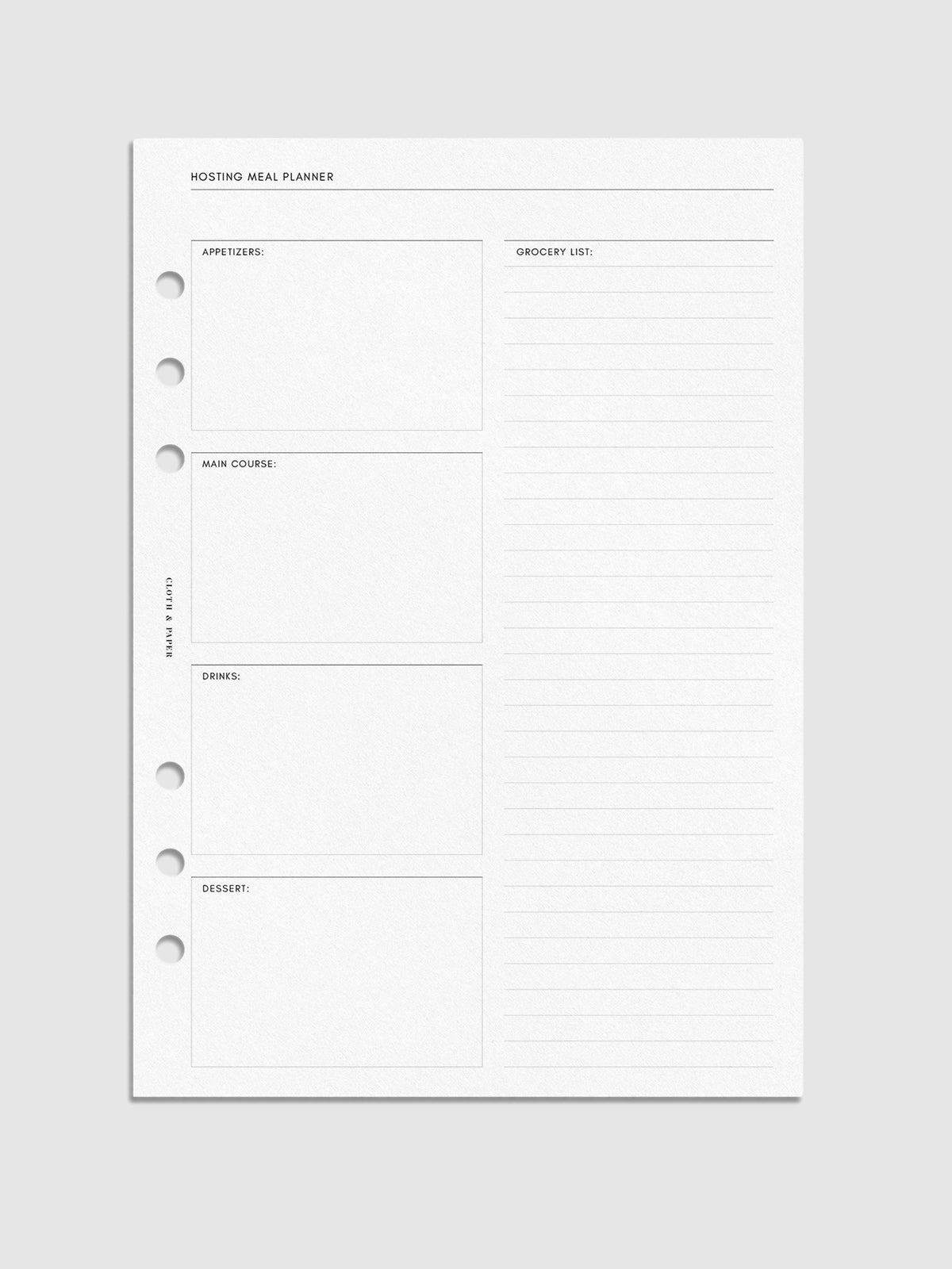 Hosting Meal Planner Insert, A5, Cloth and Paper. Digital mockup of meal planning page.