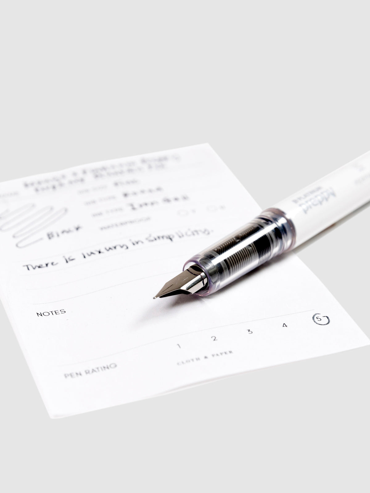 Kokuyo x Platinum Preppy Perpanep Fountain Pen, Cloth and Paper. Close up on pen nib resting on pen test sheet.