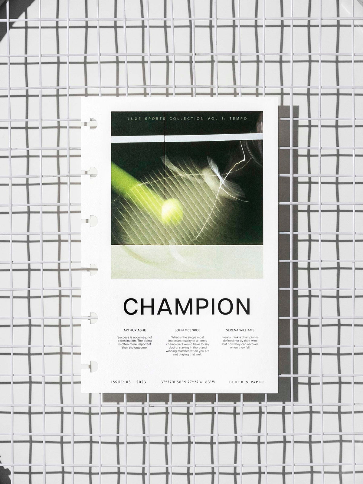 Champion dashboard displayed on a tennis racket's netting. Size shown is CP Petite.
