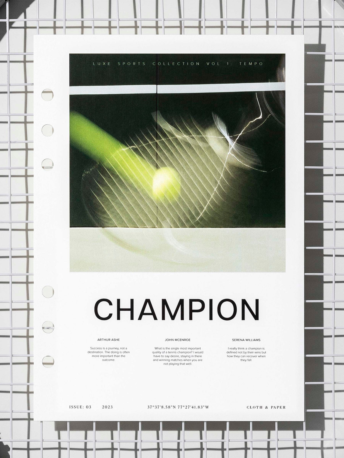 Champion dashboard displayed on a tennis racket's netting. Size shown is A5.