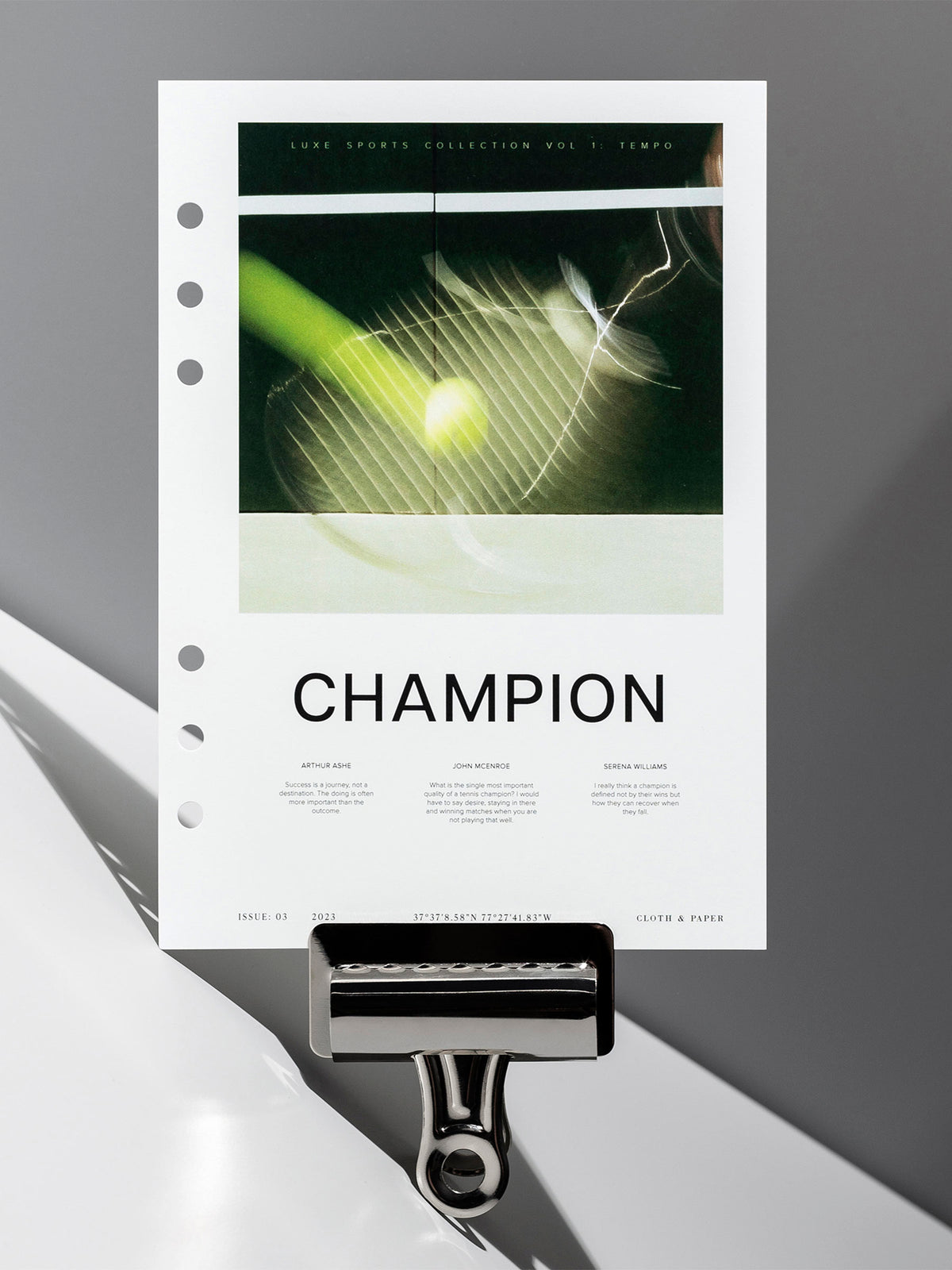 Champion dashboard displayed with a clip on a neutral gray background. Size shown is A5.