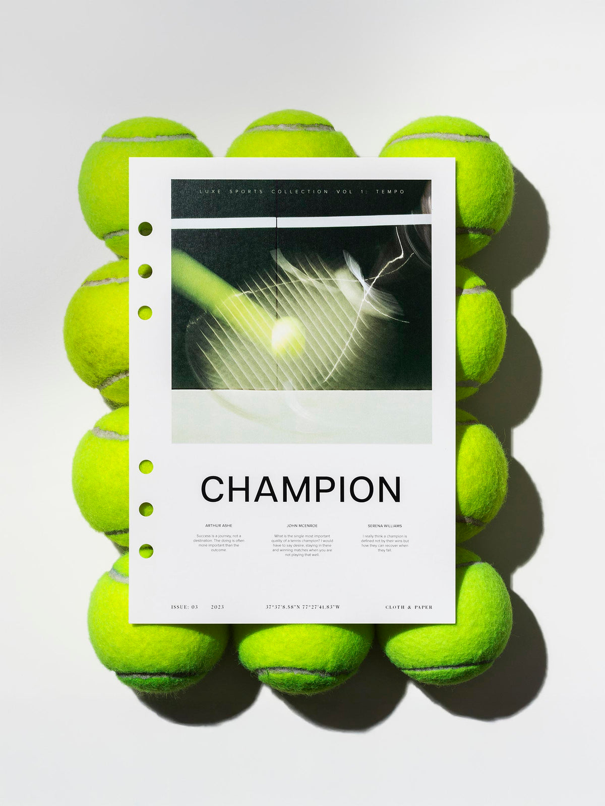 Champion dashboard displayed on top of 12 tennis balls. Size shown is A5.