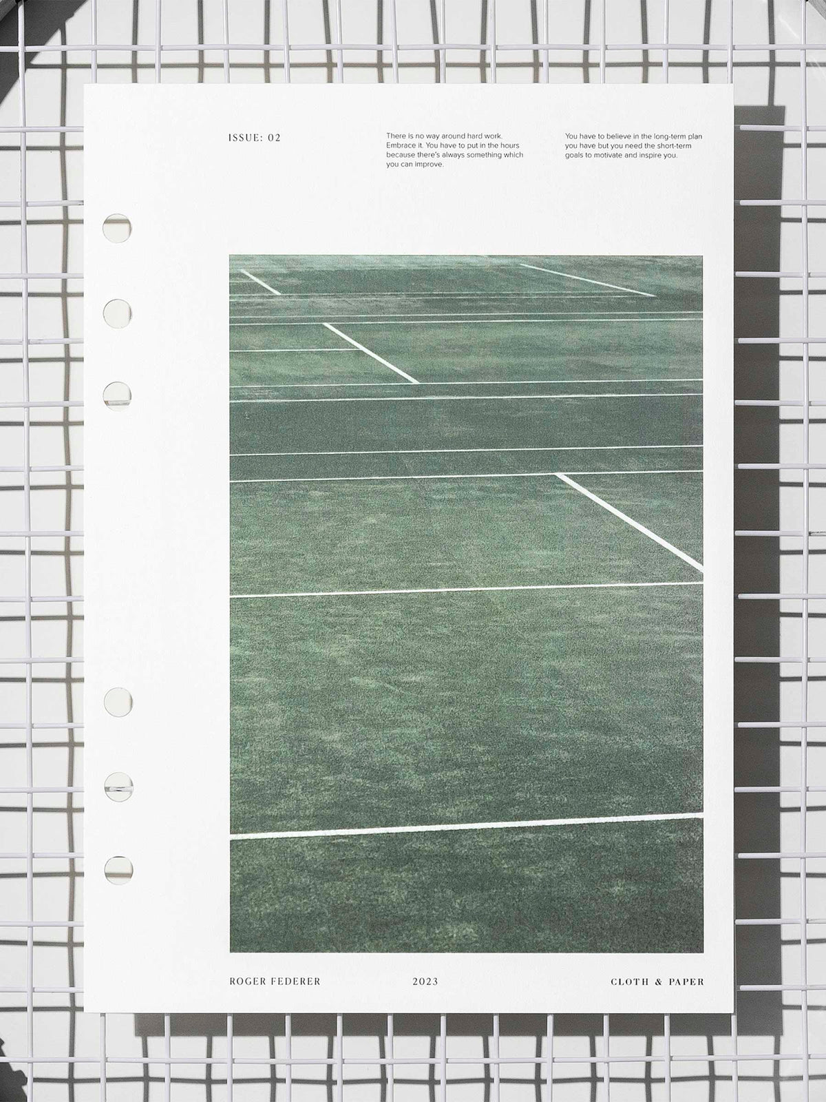 Full Court dashboard displayed on a tennis racket's netting. Size shown is A5.