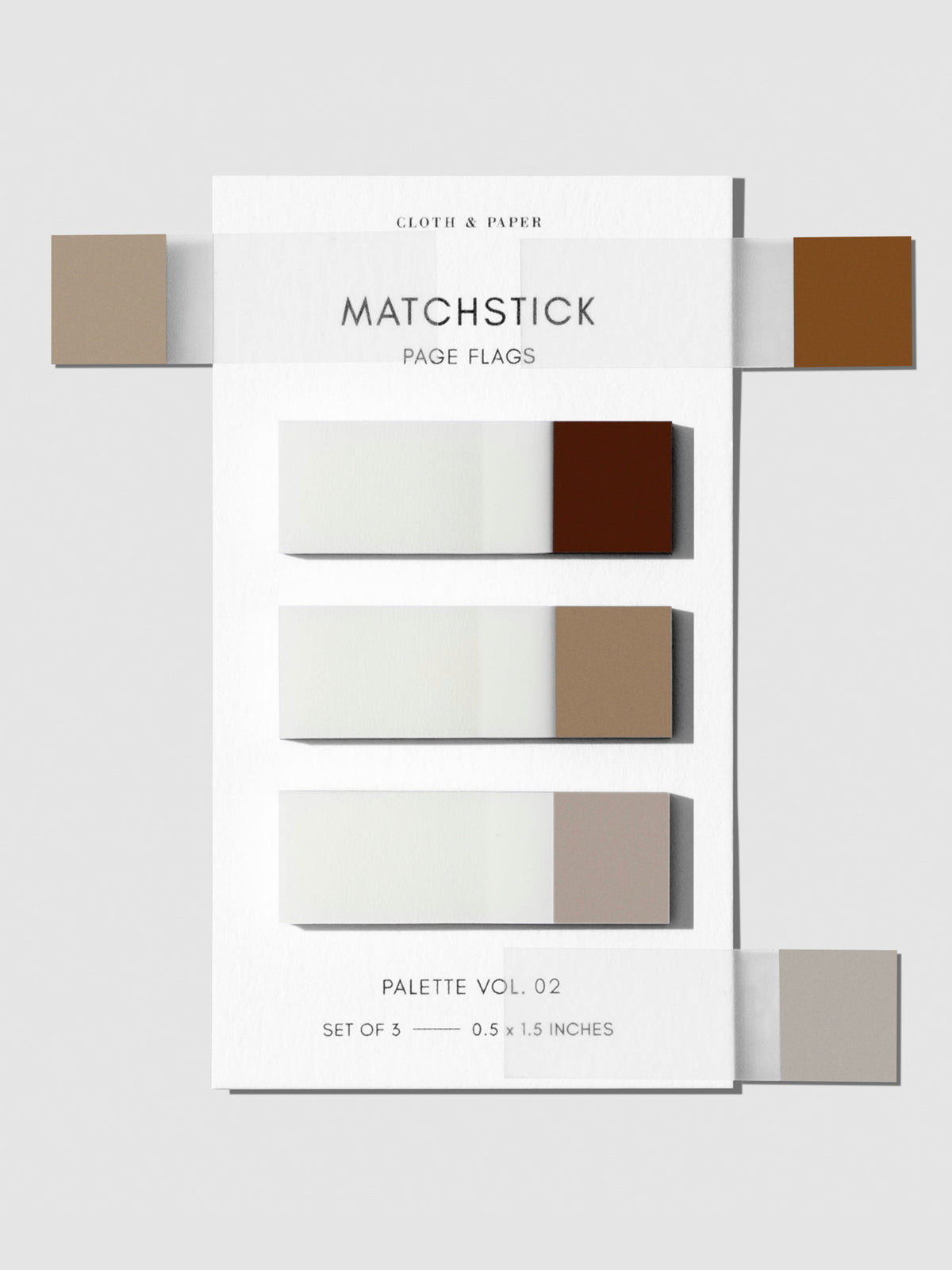 Matchstick Page Flag Set, Palette Vol. 02, Saddle, Moscow, and Crepe, Cloth and Paper. Set of matchstick page flags eft against a white background with samples of each page flag stuck to the backing.