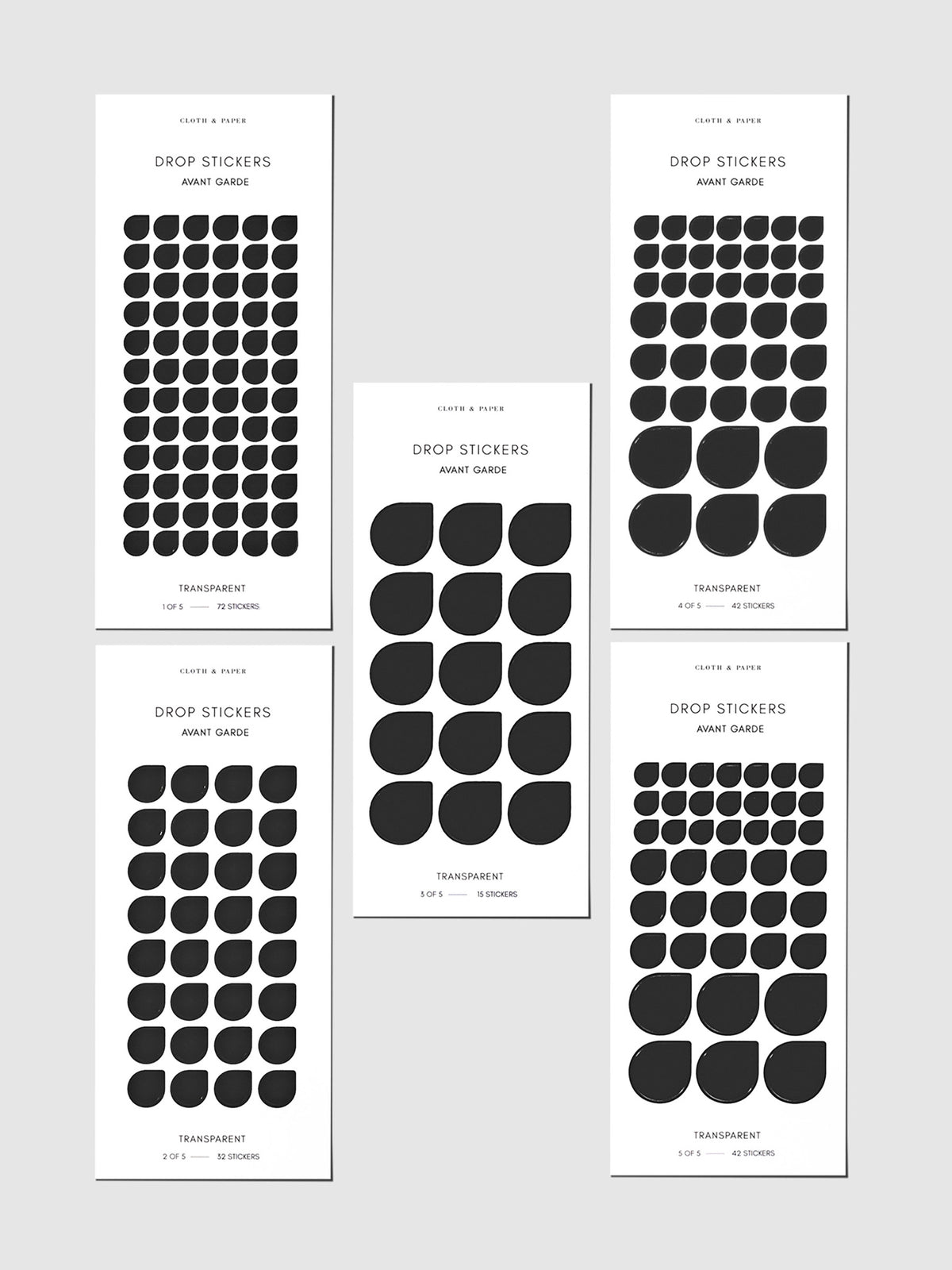 Set of five sticker sheets shown on a gray background. Color shown is Avant Garde.