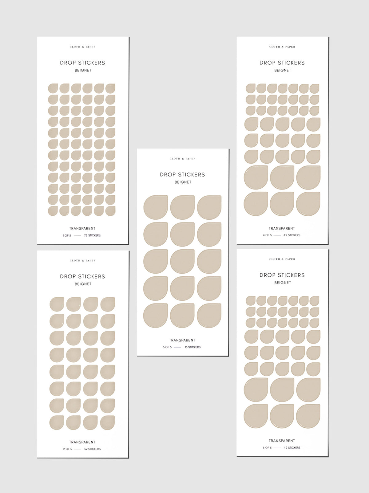 Set of five sticker sheets shown on a gray background. Color shown is Beignet.