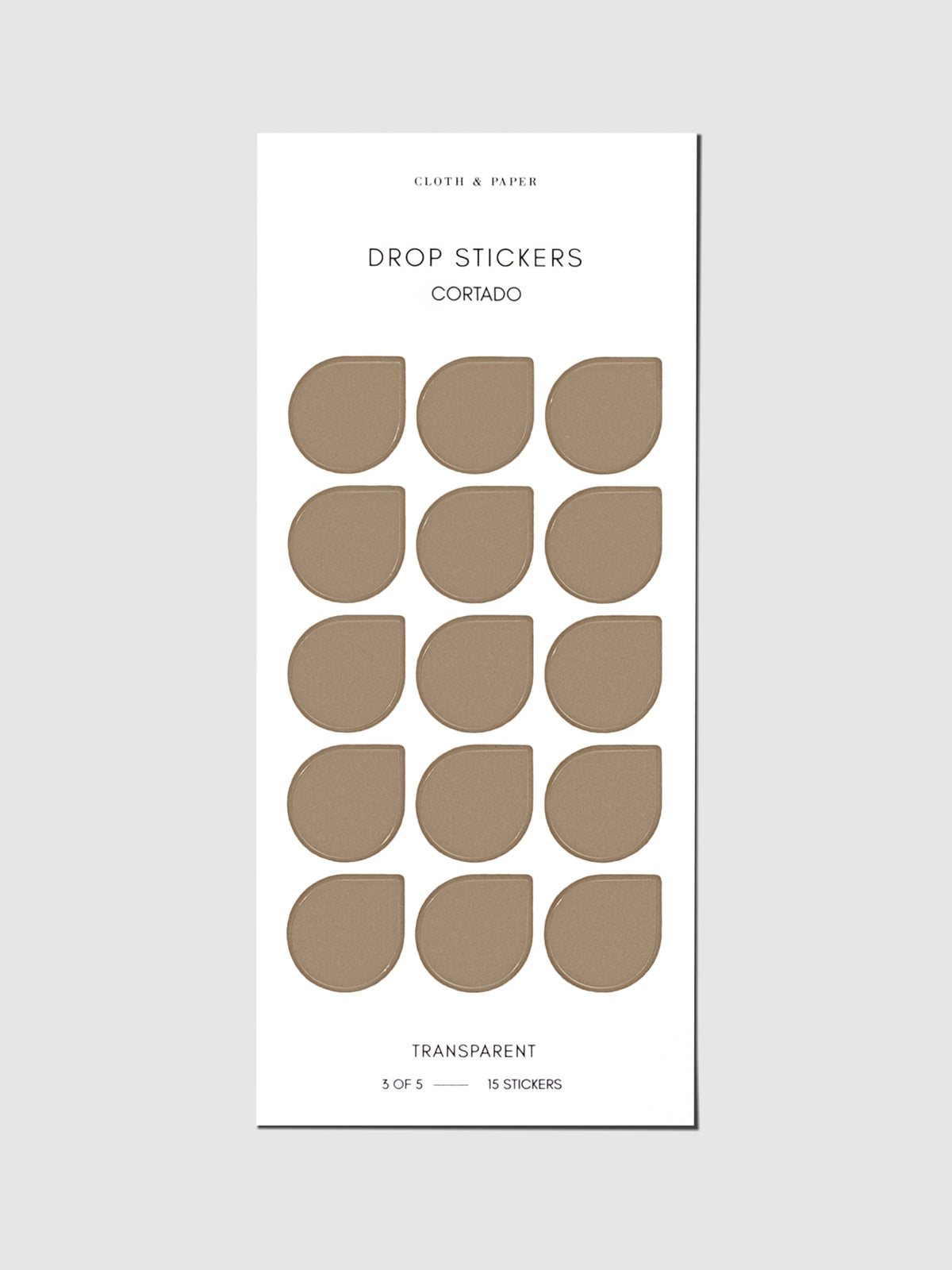 Sticker sheet displayed on a neutral background. Sticker size shown is large, color shown is Cortado.