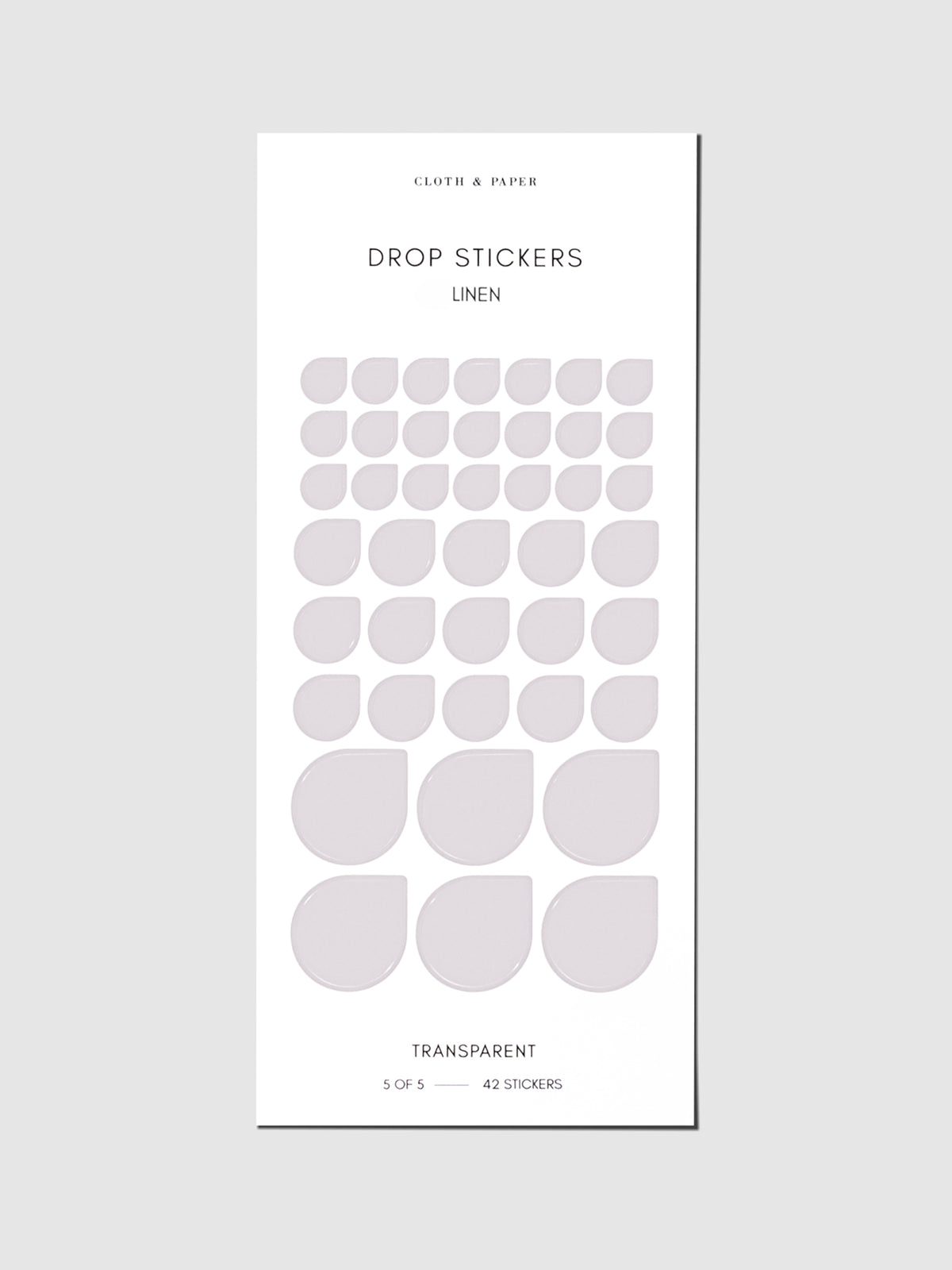 Sticker sheet displayed on a neutral background. Sticker sizes shown are mixed with small, medium, and large; color shown is Linen.