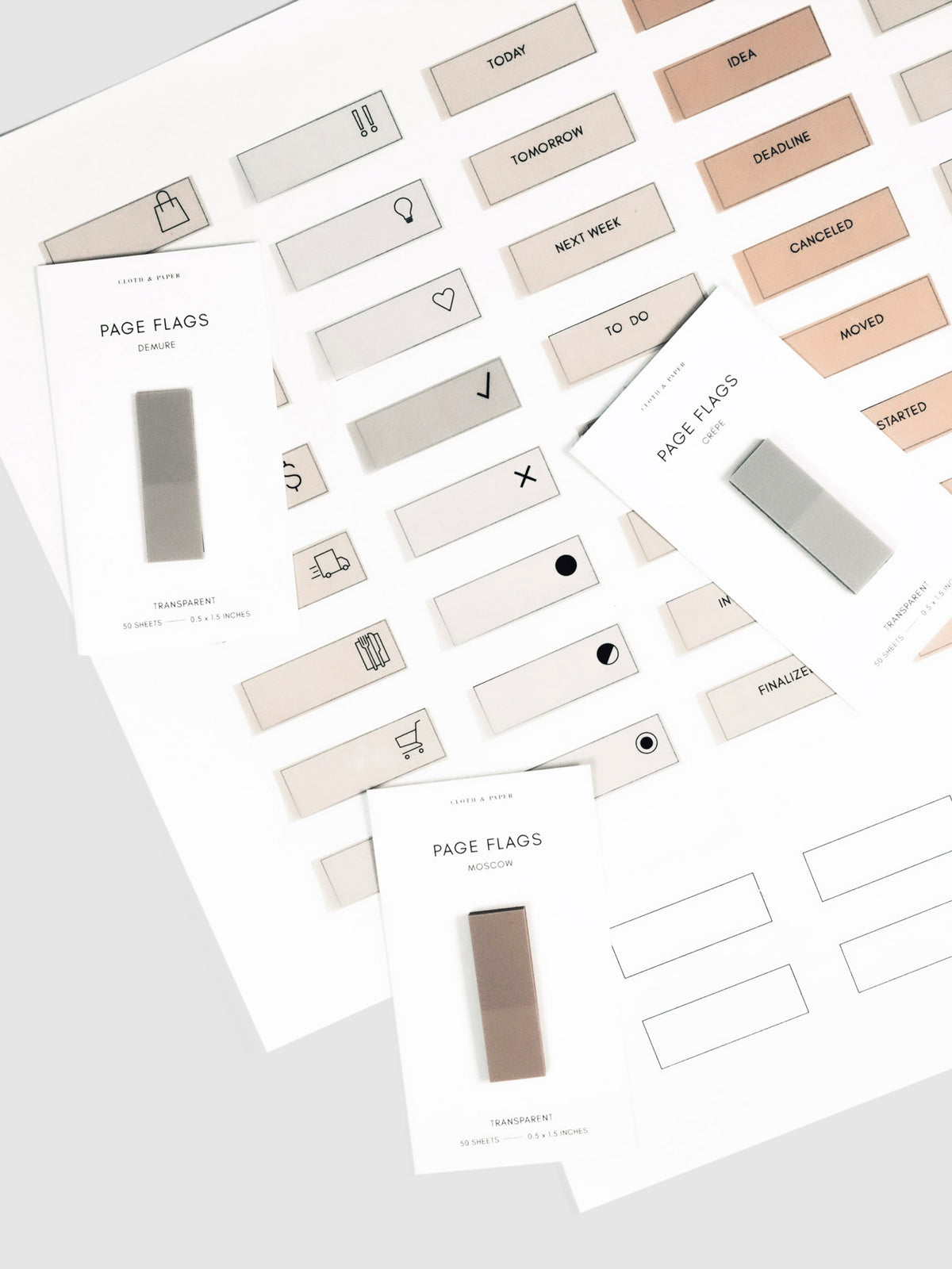 Sheet of Page Flag Printable | Admin page flags printed on with page flags on their backings layered on top of it.